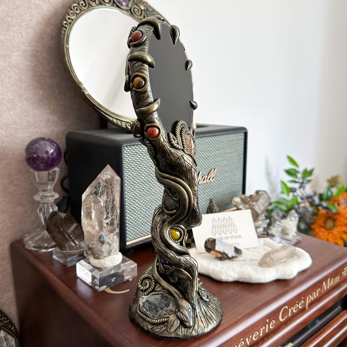 Handmade Natural Black Obsidian Mirror/Magic Obsidian Witch/Crystal Quartz with Base/Scrying Mirror/Root Chakra/Manifest Altar Tool
