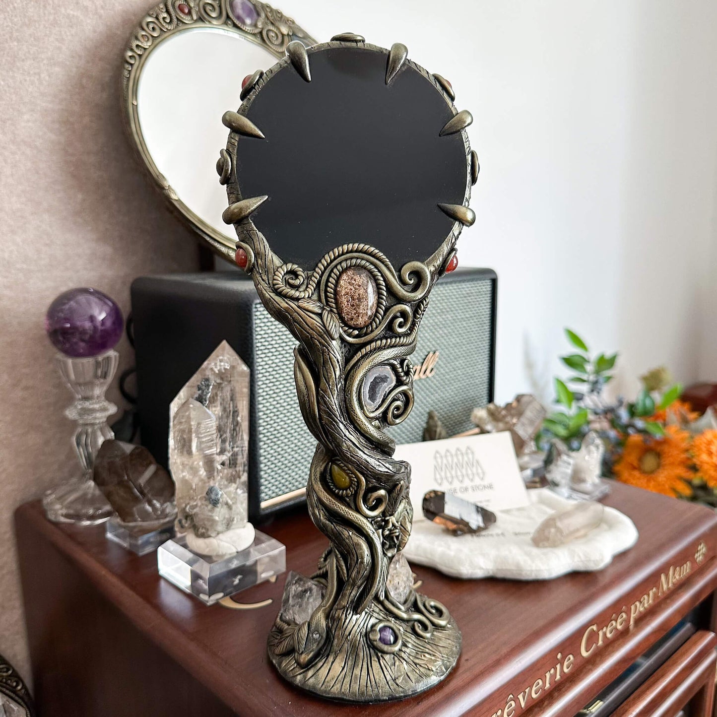 Handmade Natural Black Obsidian Mirror/Magic Obsidian Witch/Crystal Quartz with Base/Scrying Mirror/Root Chakra/Manifest Altar Tool