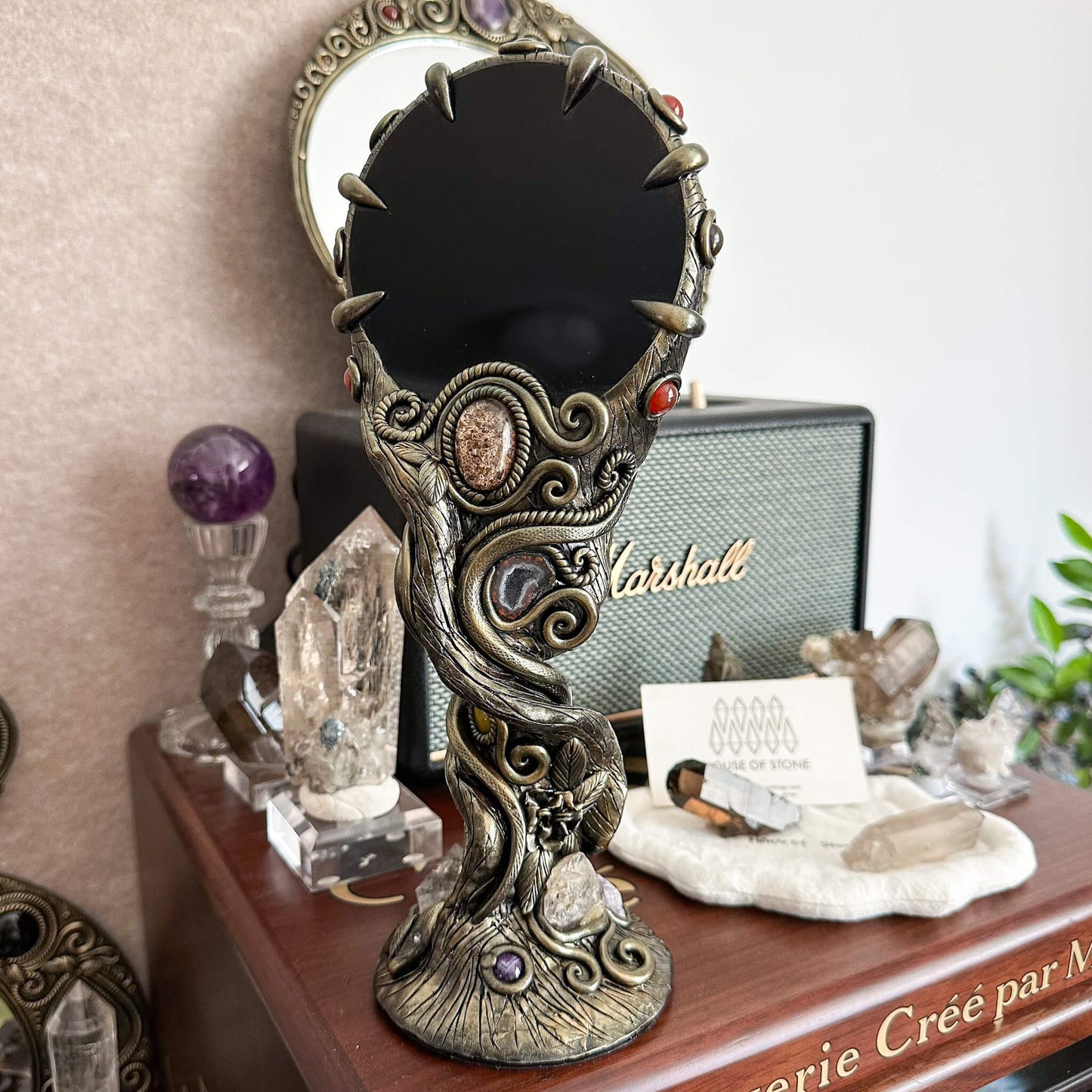 Handmade Natural Black Obsidian Mirror/Magic Obsidian Witch/Crystal Quartz with Base/Scrying Mirror/Root Chakra/Manifest Altar Tool