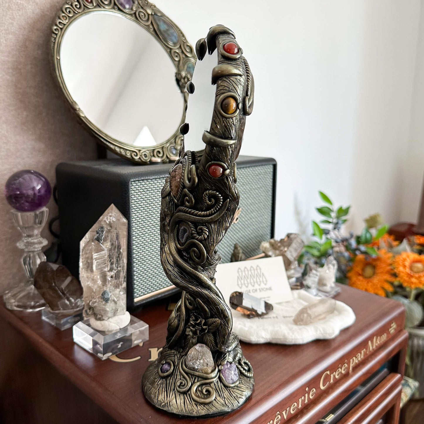 Handmade Natural Black Obsidian Mirror/Magic Obsidian Witch/Crystal Quartz with Base/Scrying Mirror/Root Chakra/Manifest Altar Tool