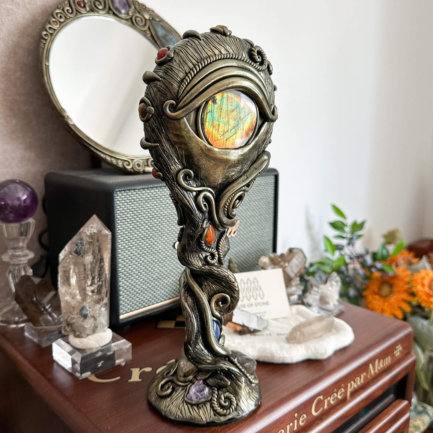 Handmade Natural Black Obsidian Mirror/Magic Obsidian Witch/Crystal Quartz with Base/Scrying Mirror/Root Chakra/Manifest Altar Tool