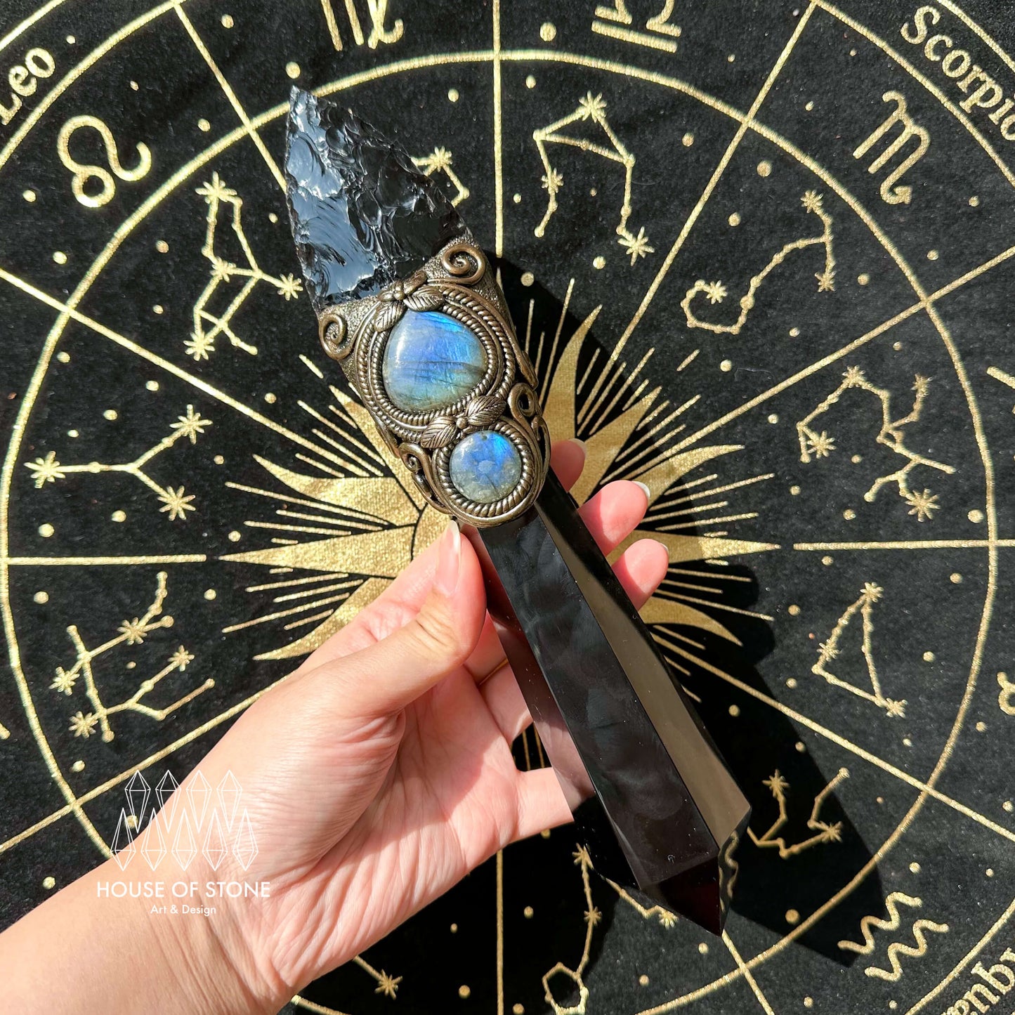 Natural Handmade Black Obsidian Arrowhead Wand/Magic Black Obsidian Witch Crystal Wand/Labradorite Wand/Chakra/Manifest Altar Tool