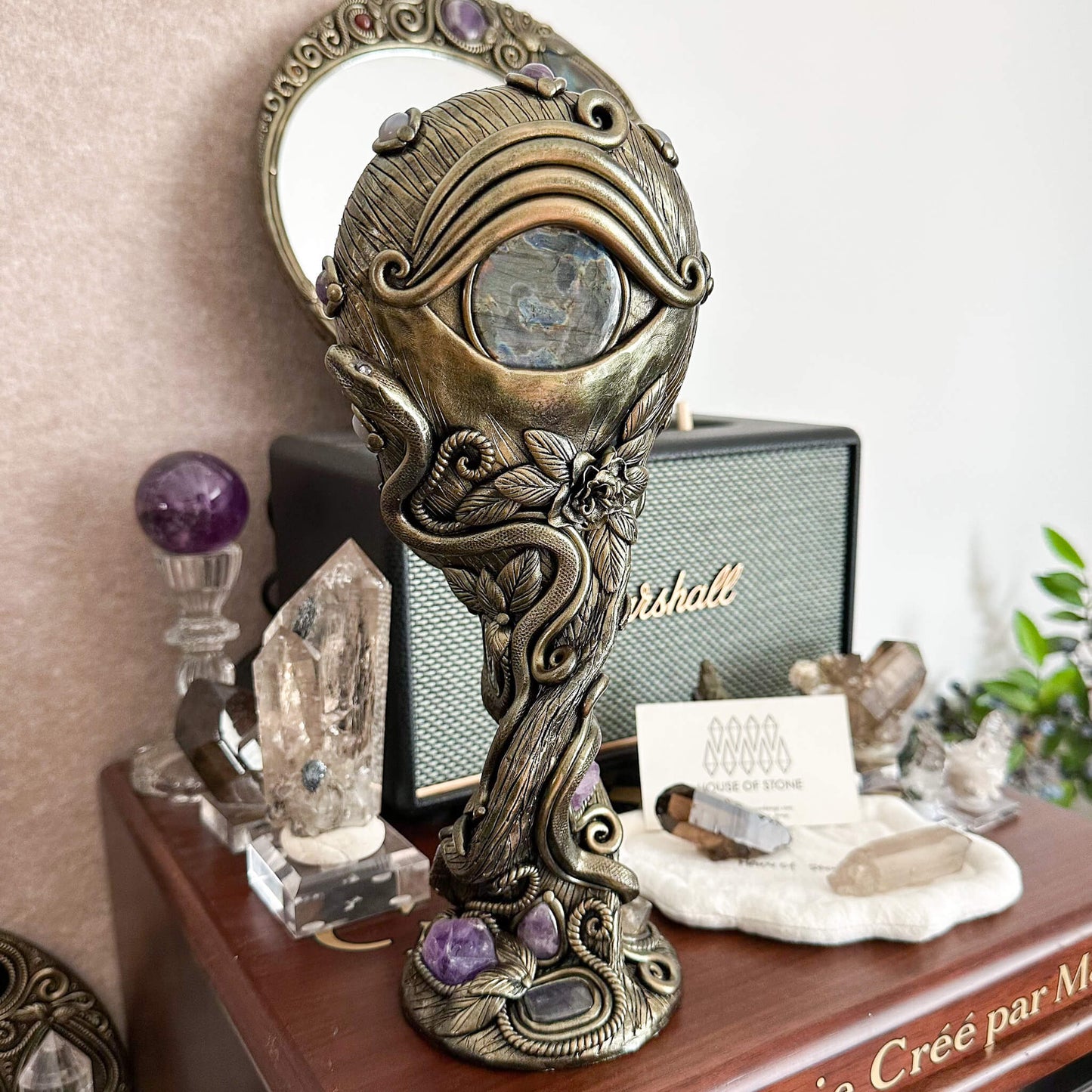 Handmade Natural Black Obsidian Mirror/Magic Obsidian Witch/Crystal Quartz with Base/Scrying Mirror/Root Chakra/Manifest Altar Tool
