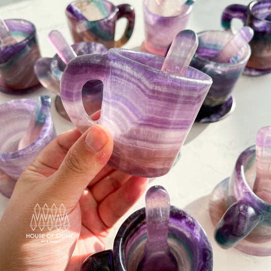 Natural Rainbow Fluorite Cups With Coaster/Hand Carved Fluorite Mug with Spoon/Crystal Cup/Rainbow Fluorite Tea Cup Set/Chakra Healing Gift