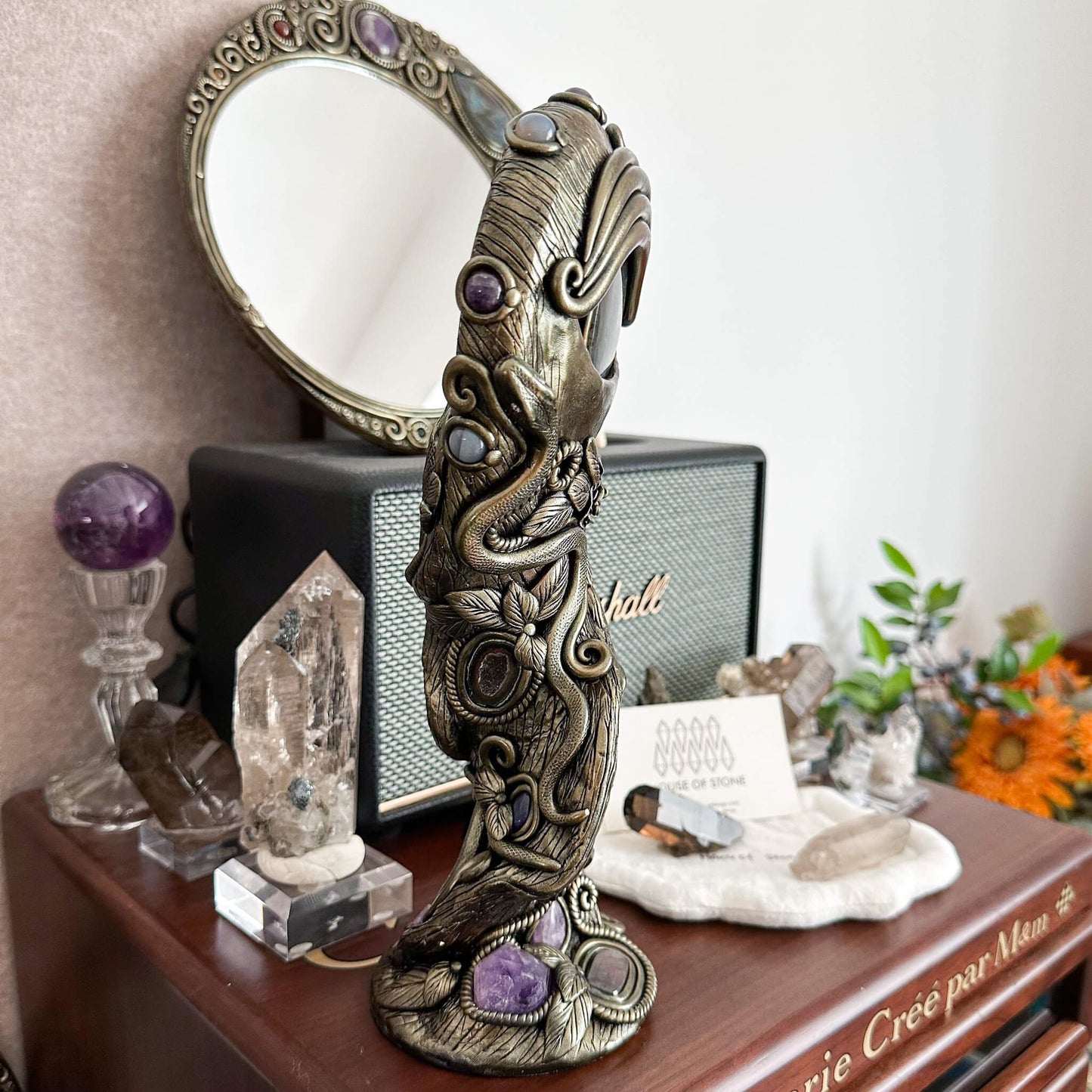 Handmade Natural Black Obsidian Mirror/Magic Obsidian Witch/Crystal Quartz with Base/Scrying Mirror/Root Chakra/Manifest Altar Tool