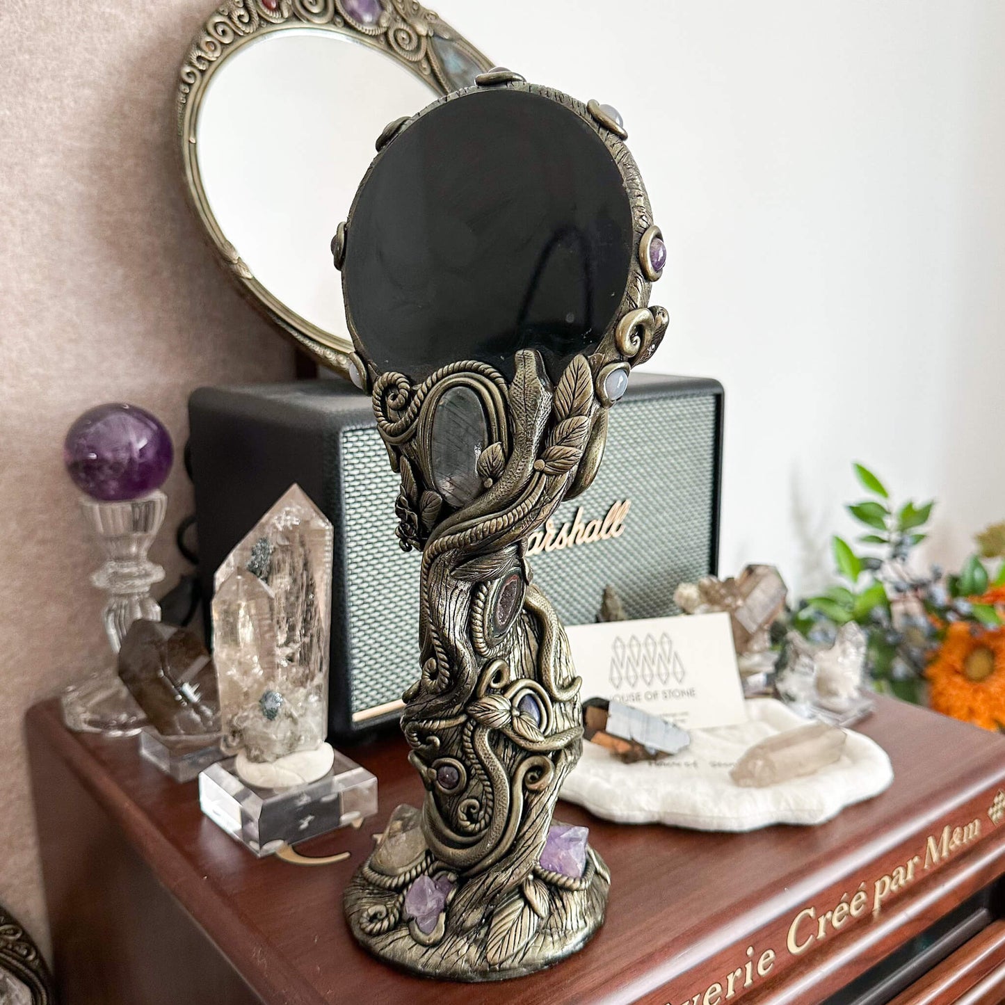 Handmade Natural Black Obsidian Mirror/Magic Obsidian Witch/Crystal Quartz with Base/Scrying Mirror/Root Chakra/Manifest Altar Tool
