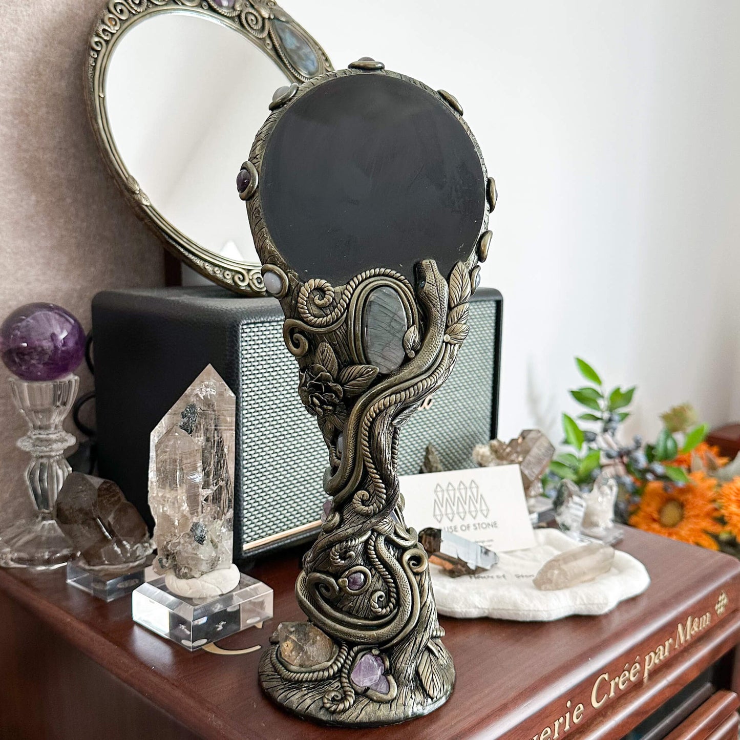 Handmade Natural Black Obsidian Mirror/Magic Obsidian Witch/Crystal Quartz with Base/Scrying Mirror/Root Chakra/Manifest Altar Tool
