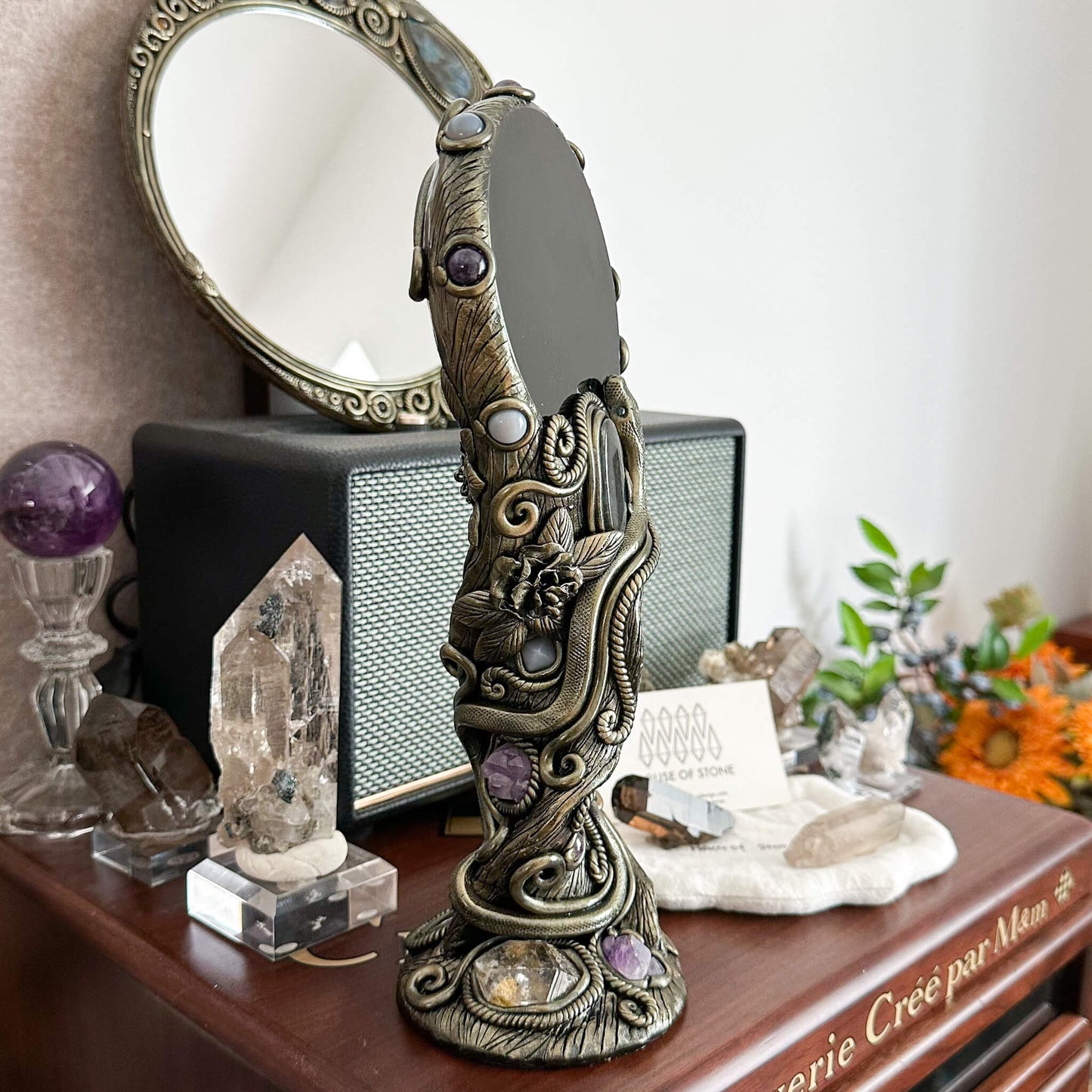 Handmade Natural Black Obsidian Mirror/Magic Obsidian Witch/Crystal Quartz with Base/Scrying Mirror/Root Chakra/Manifest Altar Tool