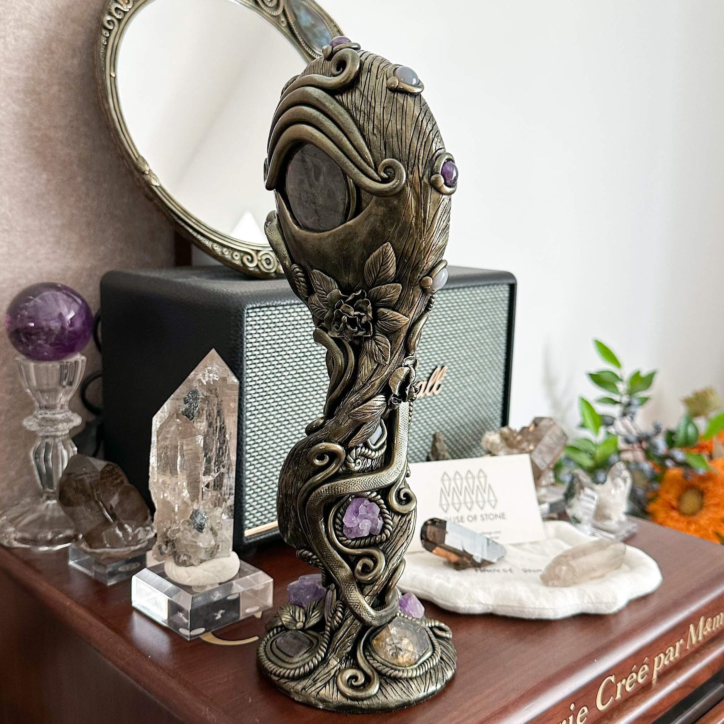 Handmade Natural Black Obsidian Mirror/Magic Obsidian Witch/Crystal Quartz with Base/Scrying Mirror/Root Chakra/Manifest Altar Tool