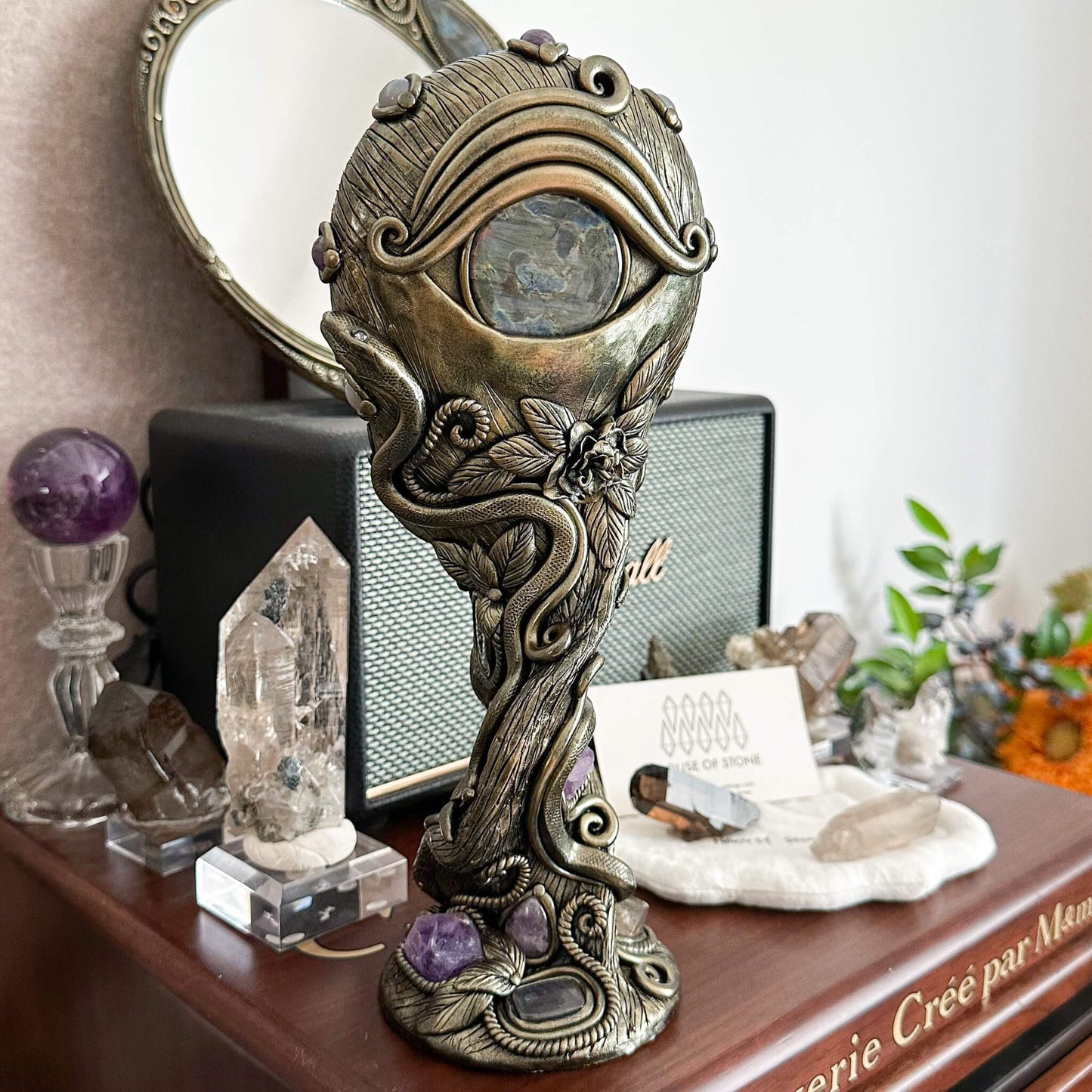 Handmade Natural Black Obsidian Mirror/Magic Obsidian Witch/Crystal Quartz with Base/Scrying Mirror/Root Chakra/Manifest Altar Tool