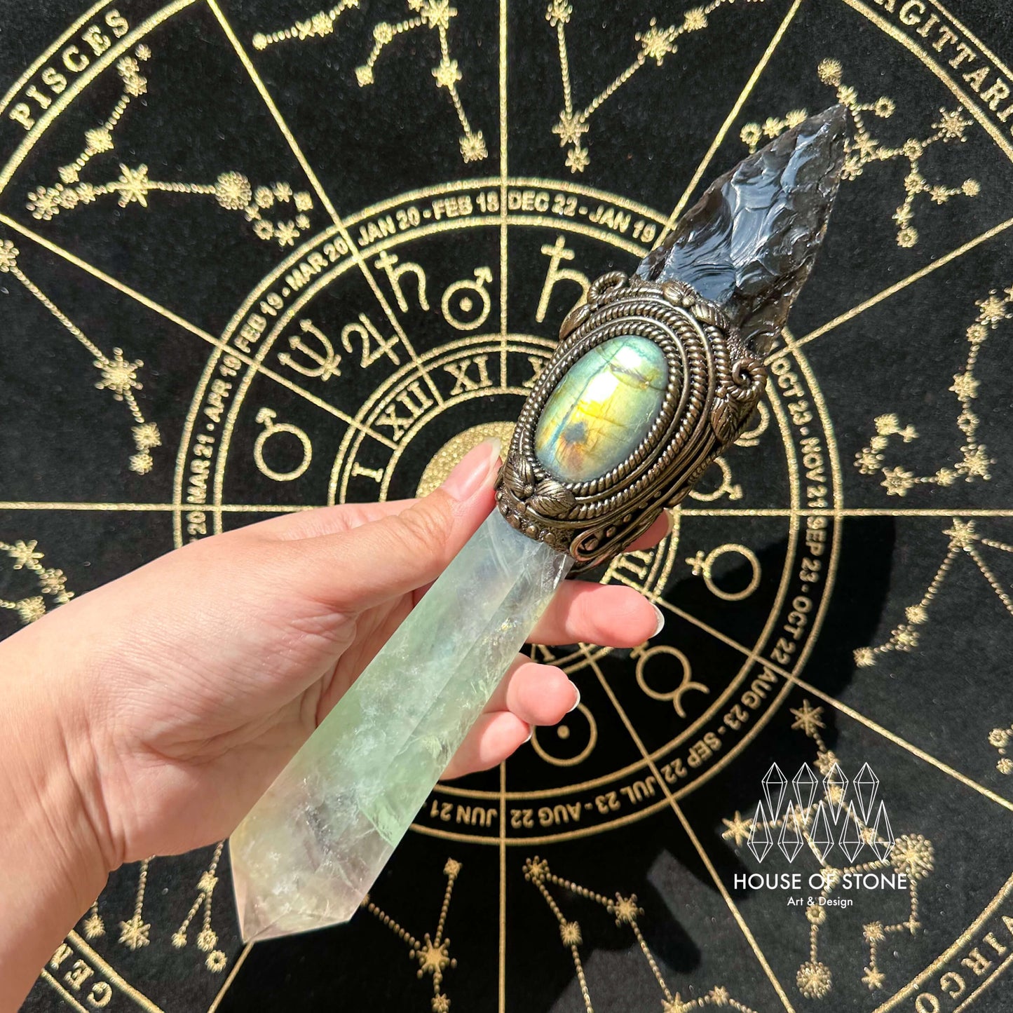 Natural Handmade Black Obsidian Arrowhead Wand/Magic Fluorite Witch Crystal Wand/Labradorite Wand/Chakra/Manifest Altar Tool