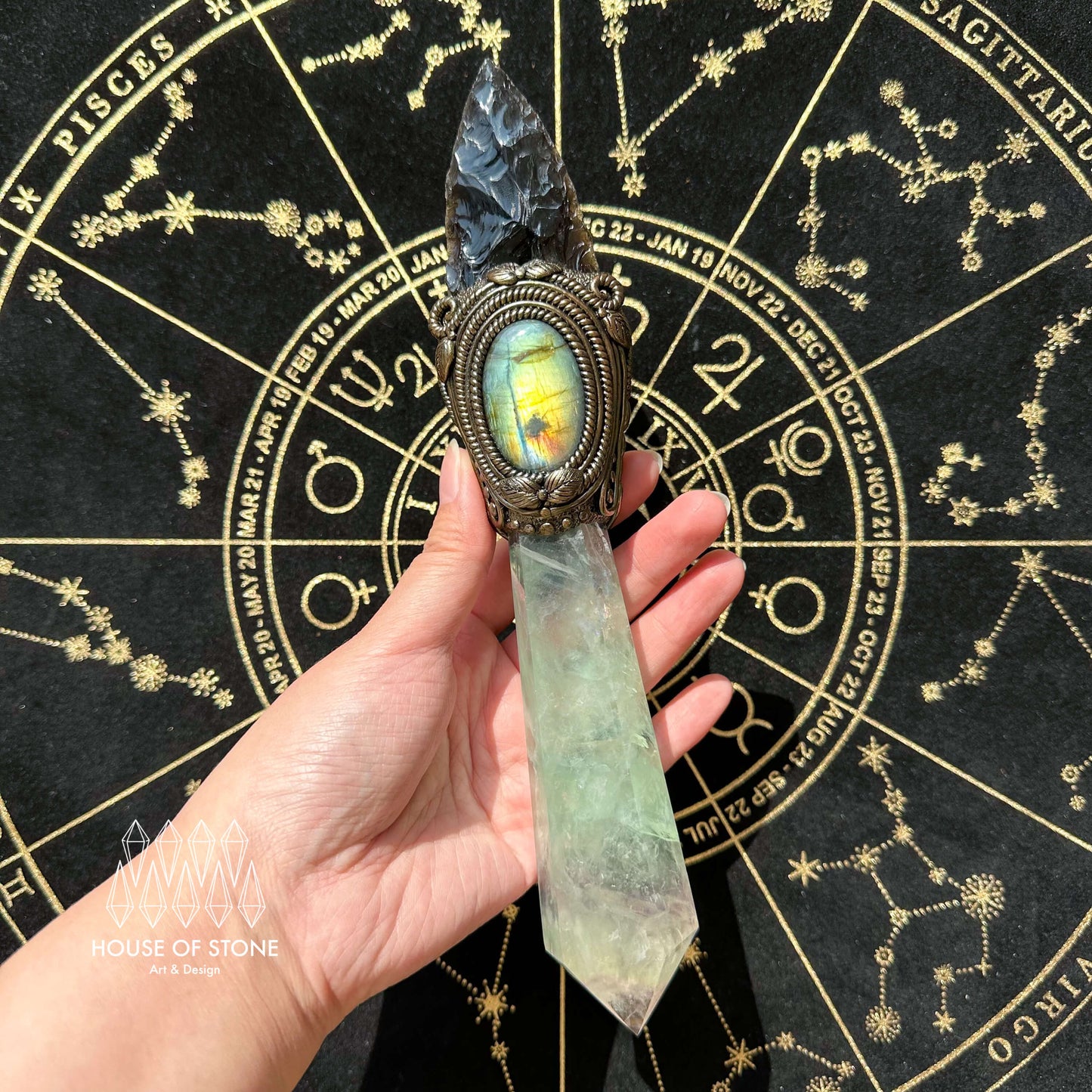 Natural Handmade Black Obsidian Arrowhead Wand/Magic Fluorite Witch Crystal Wand/Labradorite Wand/Chakra/Manifest Altar Tool