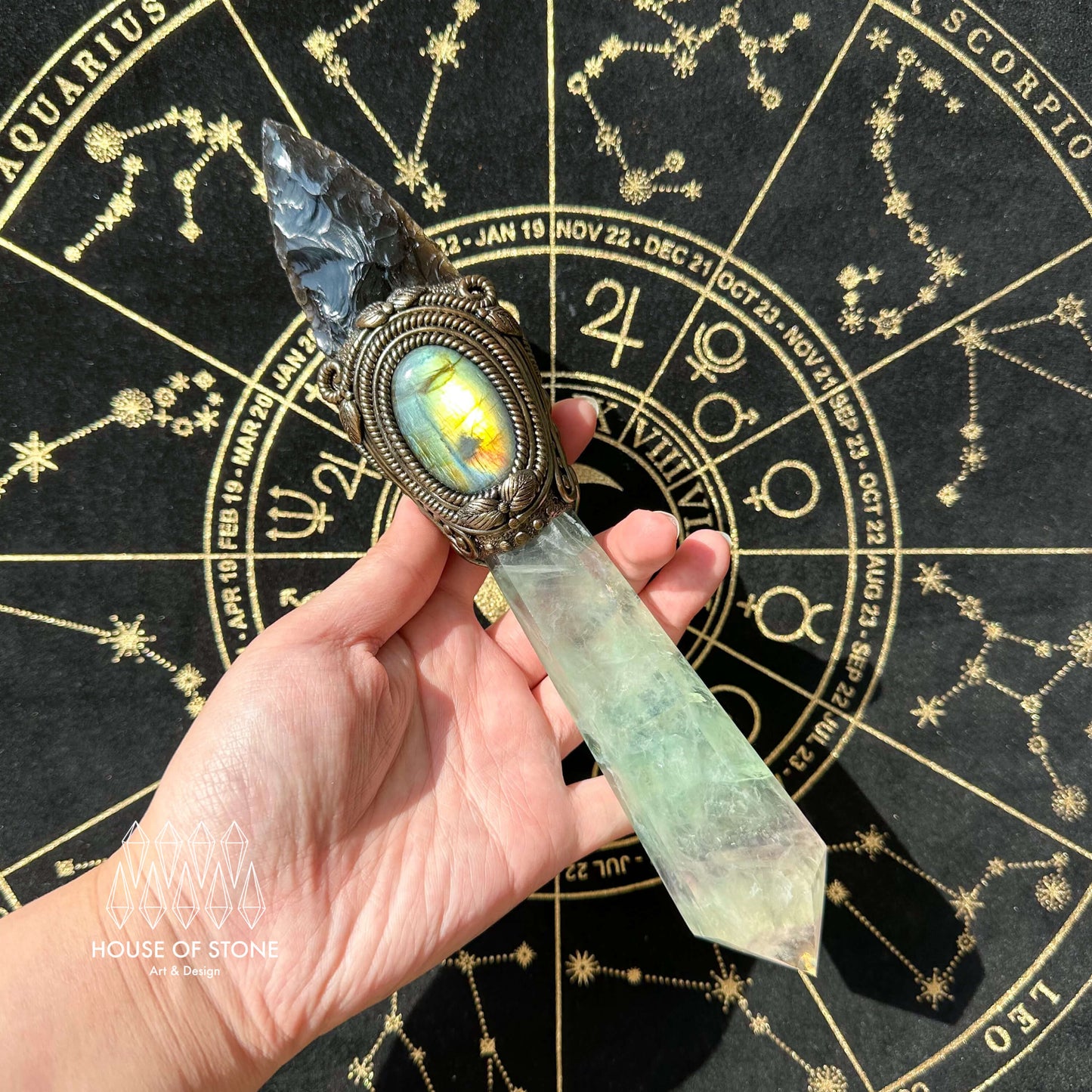 Natural Handmade Black Obsidian Arrowhead Wand/Magic Fluorite Witch Crystal Wand/Labradorite Wand/Chakra/Manifest Altar Tool