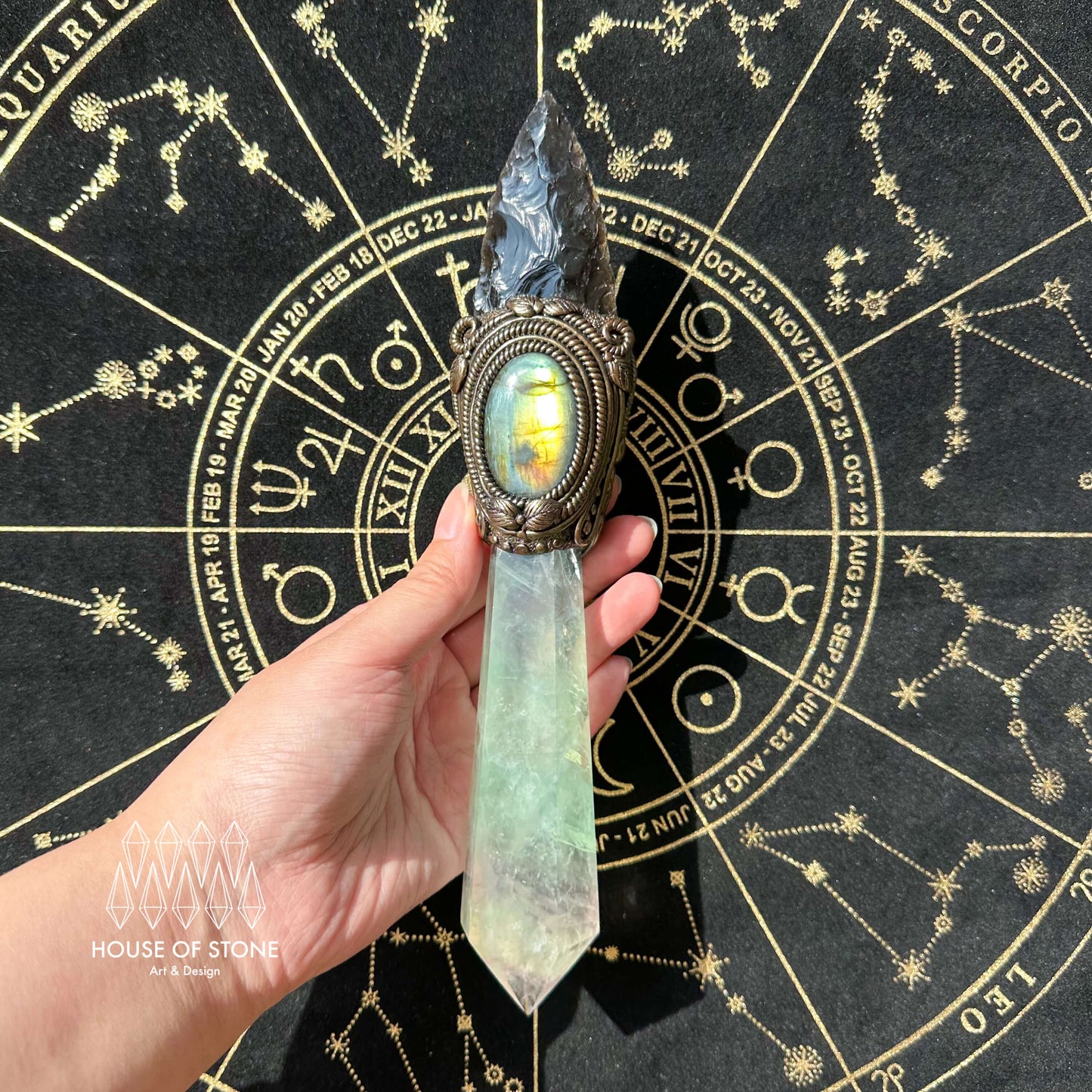 Natural Handmade Black Obsidian Arrowhead Wand/Magic Fluorite Witch Crystal Wand/Labradorite Wand/Chakra/Manifest Altar Tool