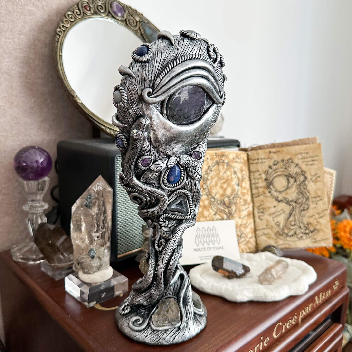 Handmade Natural Black Obsidian Mirror/Magic Obsidian Witch/Crystal Quartz with Base/Scrying Mirror/Root Chakra/Manifest Altar Tool