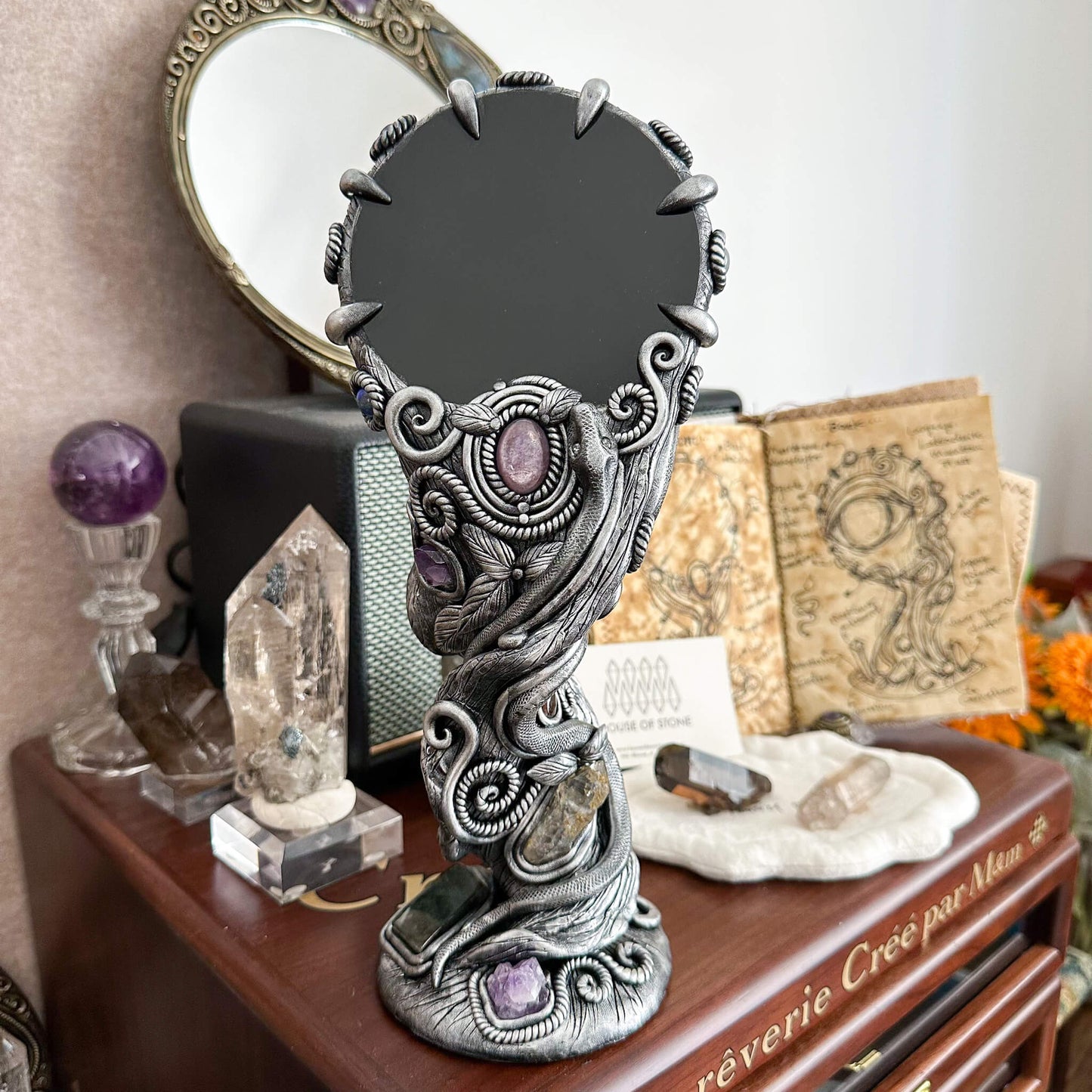 Handmade Natural Black Obsidian Mirror/Magic Obsidian Witch/Crystal Quartz with Base/Scrying Mirror/Root Chakra/Manifest Altar Tool