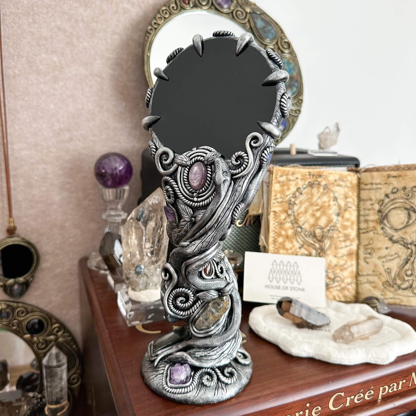 Handmade Natural Black Obsidian Mirror/Magic Obsidian Witch/Crystal Quartz with Base/Scrying Mirror/Root Chakra/Manifest Altar Tool