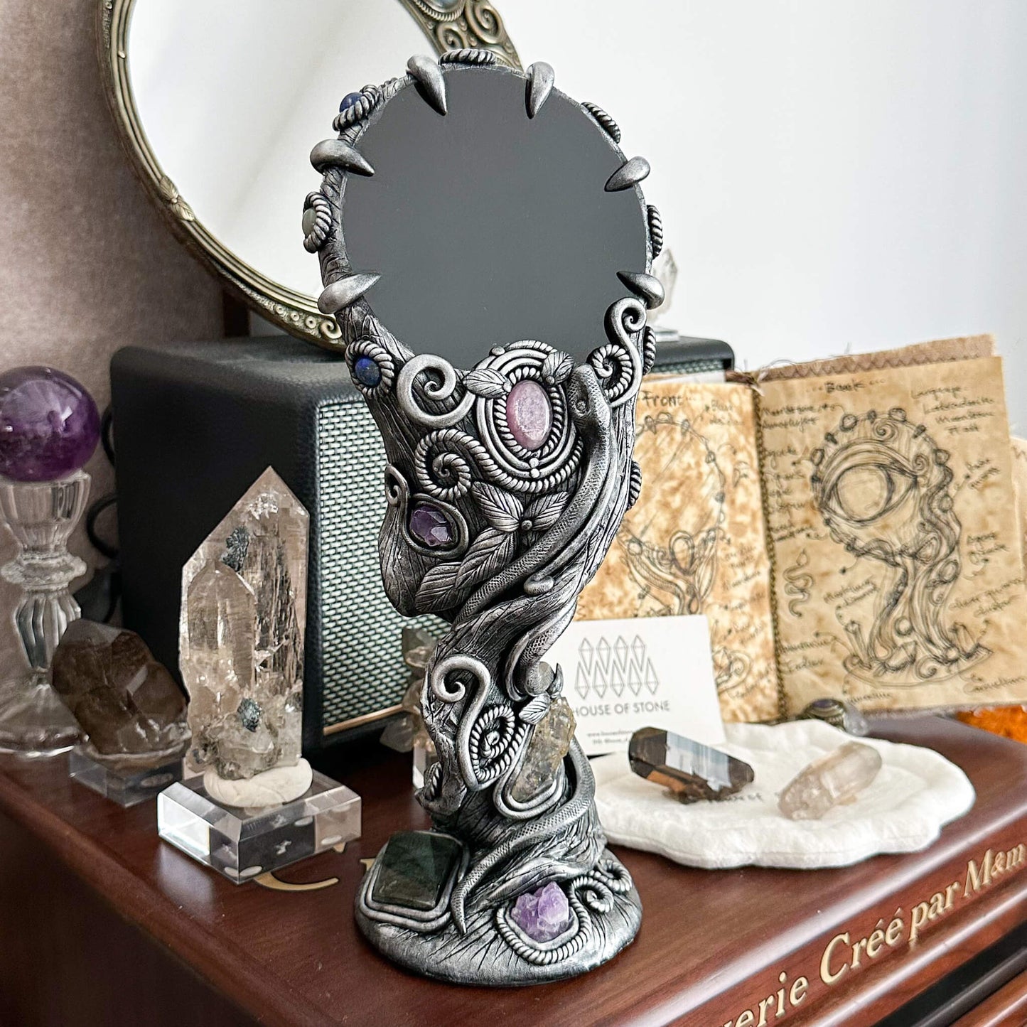 Handmade Natural Black Obsidian Mirror/Magic Obsidian Witch/Crystal Quartz with Base/Scrying Mirror/Root Chakra/Manifest Altar Tool