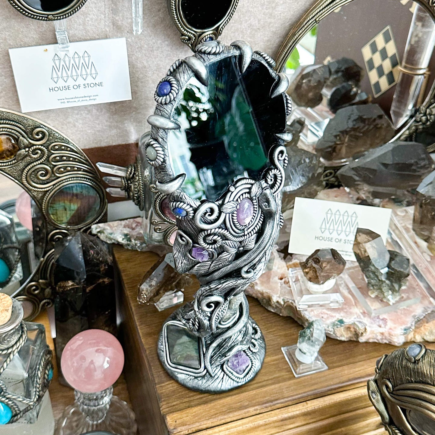 Handmade Natural Black Obsidian Mirror/Magic Obsidian Witch/Crystal Quartz with Base/Scrying Mirror/Root Chakra/Manifest Altar Tool
