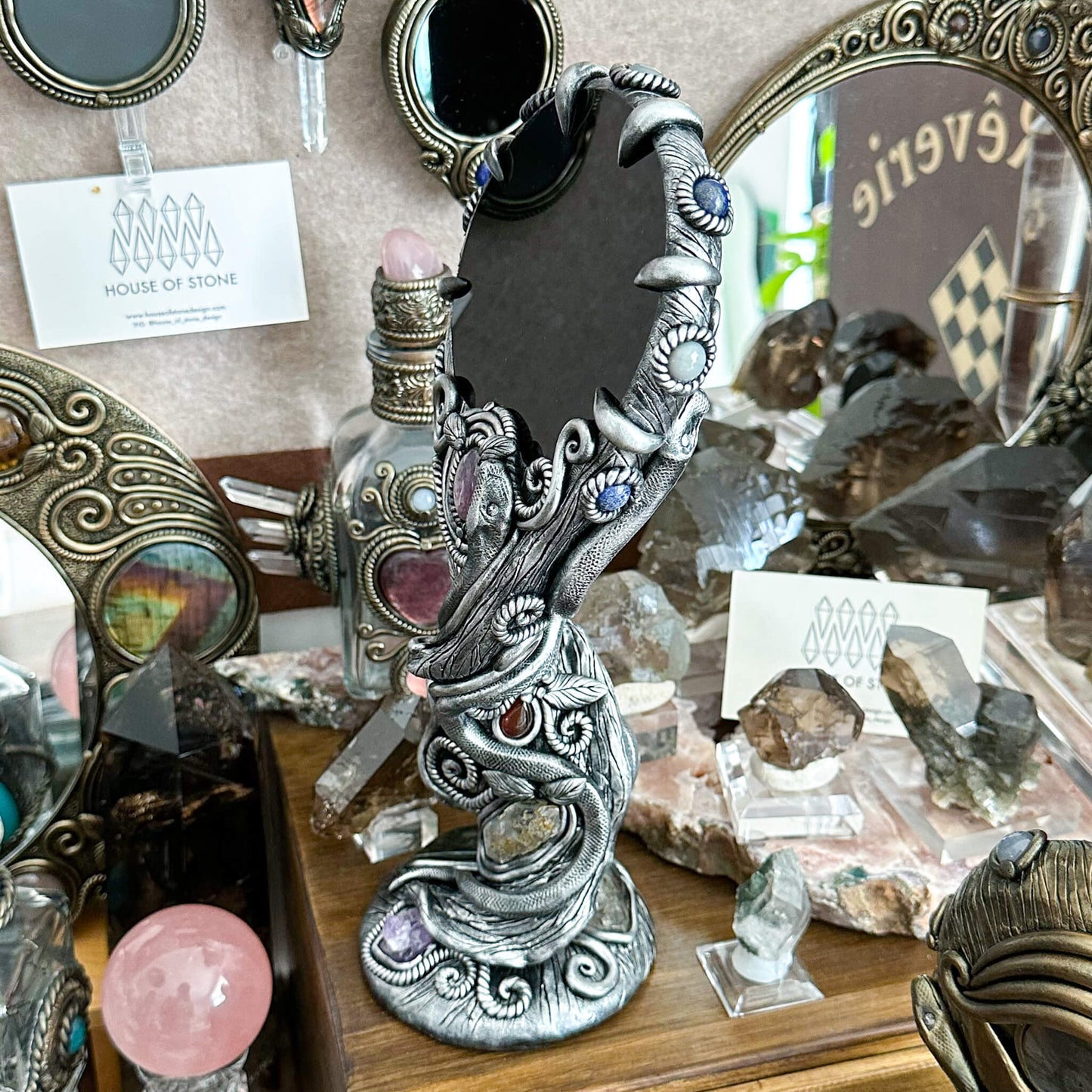 Handmade Natural Black Obsidian Mirror/Magic Obsidian Witch/Crystal Quartz with Base/Scrying Mirror/Root Chakra/Manifest Altar Tool