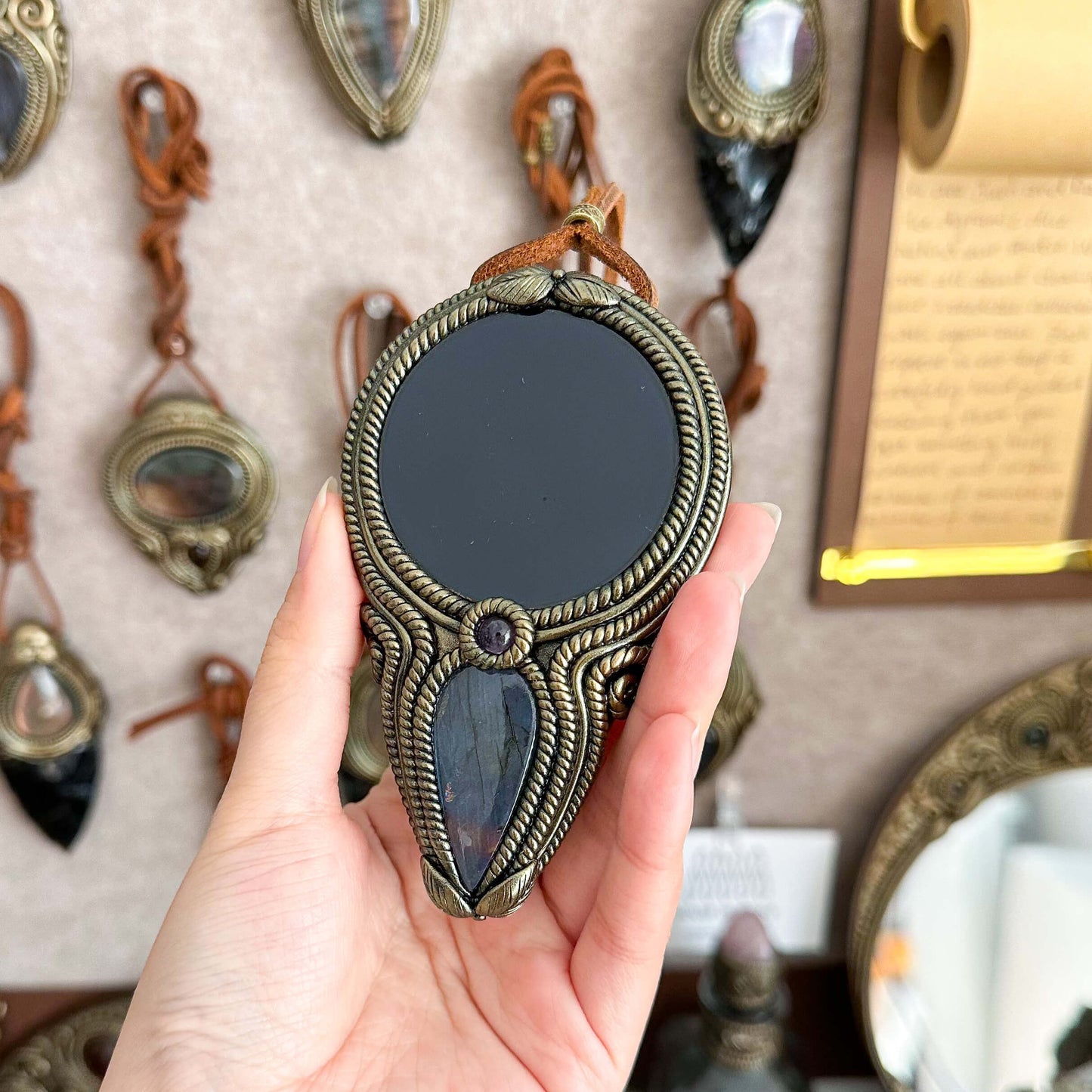 Handmade Natural Black Obsidian Pendant Necklace/Magic Obsidian Mirror Crystal Pendant/Scrying Mirror Labradorite Jewelry/Altar Tool
