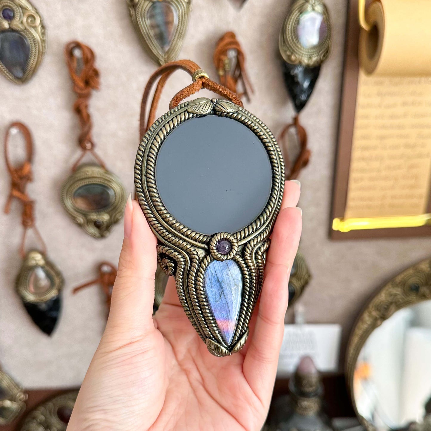 Handmade Natural Black Obsidian Pendant Necklace/Magic Obsidian Mirror Crystal Pendant/Scrying Mirror Labradorite Jewelry/Altar Tool