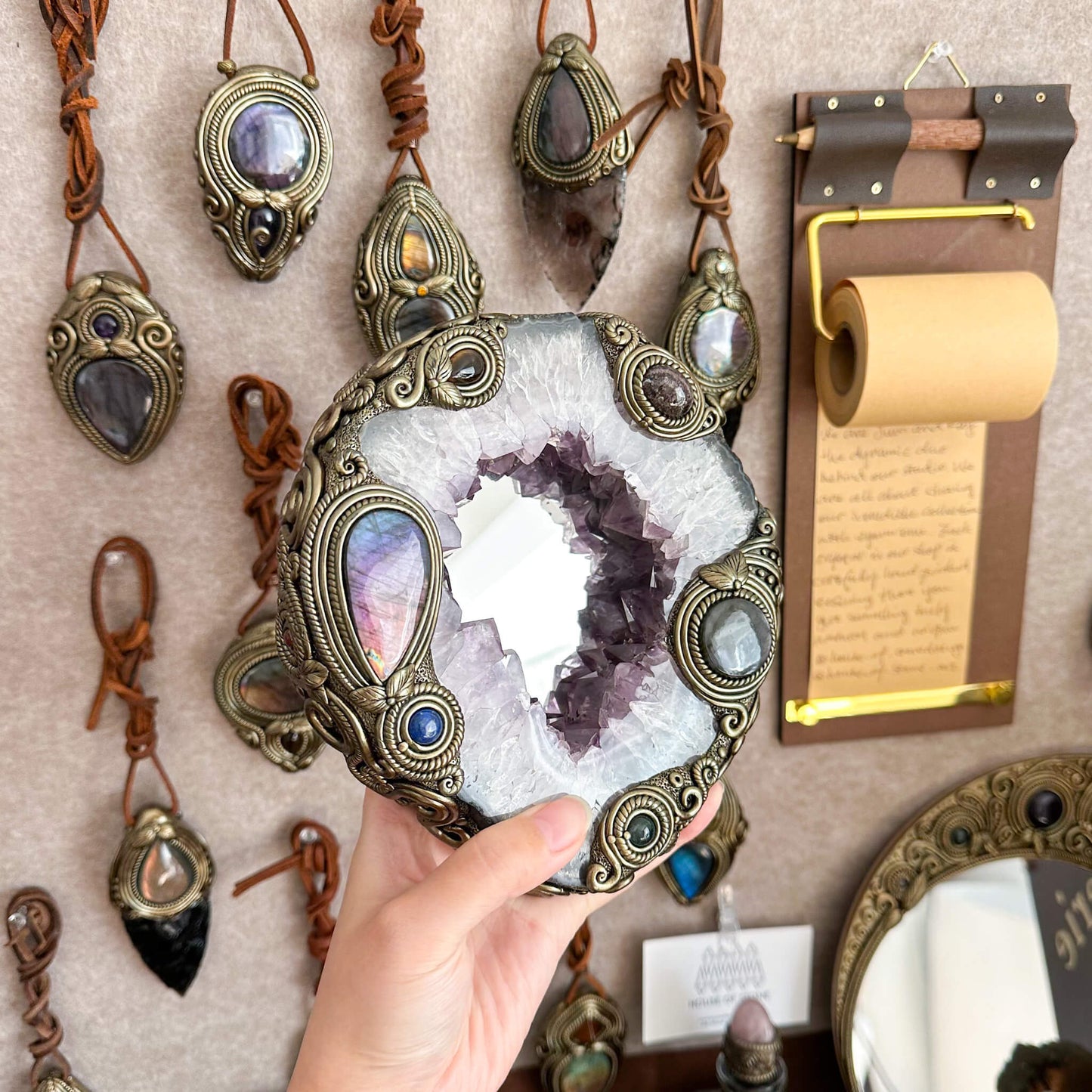 Natural Amethyst Portal Slice Geode Mirror/Brazil Amethyst Geode Druzy Portal Mirror/Handmade Crystal Portal Slice Mirror/Altar Tools