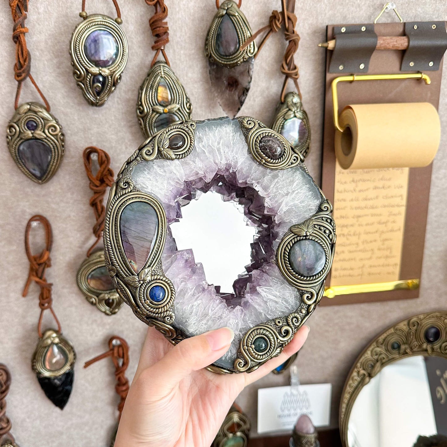 Natural Amethyst Portal Slice Geode Mirror/Brazil Amethyst Geode Druzy Portal Mirror/Handmade Crystal Portal Slice Mirror/Altar Tools