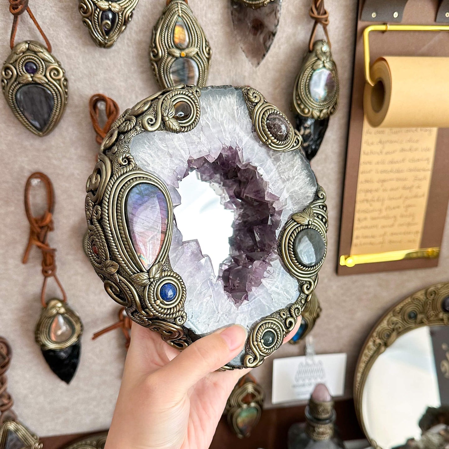 Natural Amethyst Portal Slice Geode Mirror/Brazil Amethyst Geode Druzy Portal Mirror/Handmade Crystal Portal Slice Mirror/Altar Tools