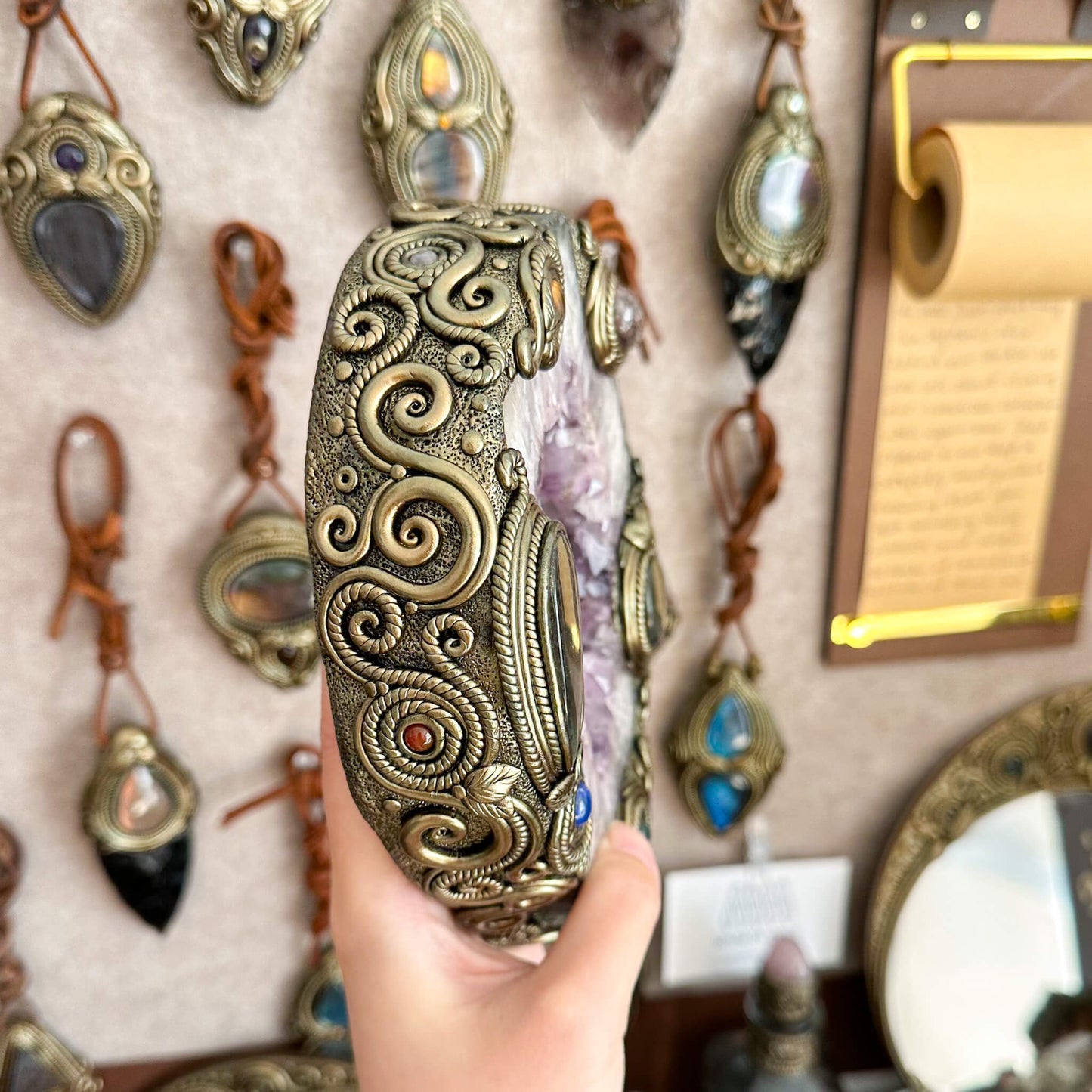 Natural Amethyst Portal Slice Geode Mirror/Brazil Amethyst Geode Druzy Portal Mirror/Handmade Crystal Portal Slice Mirror/Altar Tools