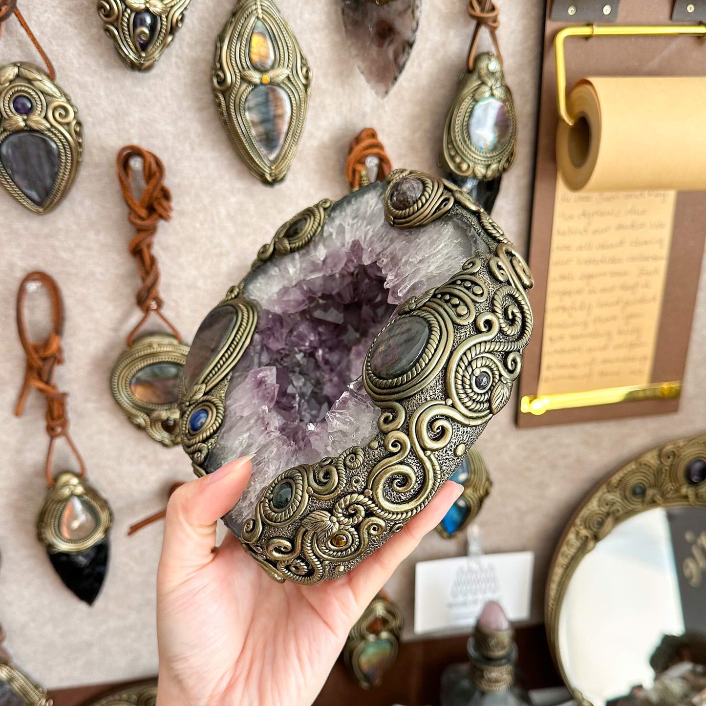 Natural Amethyst Portal Slice Geode Mirror/Brazil Amethyst Geode Druzy Portal Mirror/Handmade Crystal Portal Slice Mirror/Altar Tools