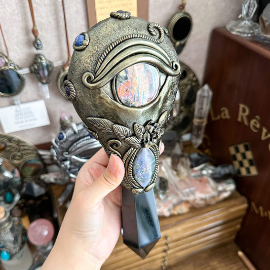 Handmade Natural Black Obsidian Mirror/Magic Obsidian Witch Wand/Crystal Quartz Wand/Scrying Mirror Wand/Root Chakra/Manifest Altar Tool