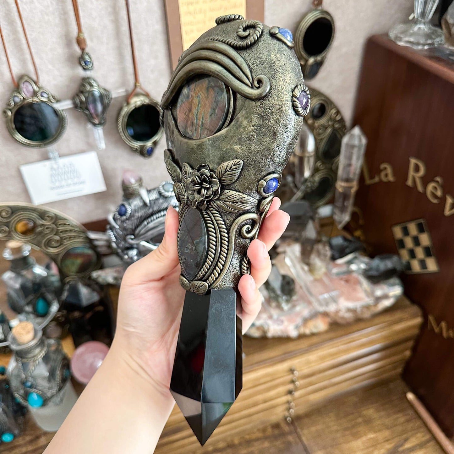 Handmade Natural Black Obsidian Mirror/Magic Obsidian Witch Wand/Crystal Quartz Wand/Scrying Mirror Wand/Root Chakra/Manifest Altar Tool