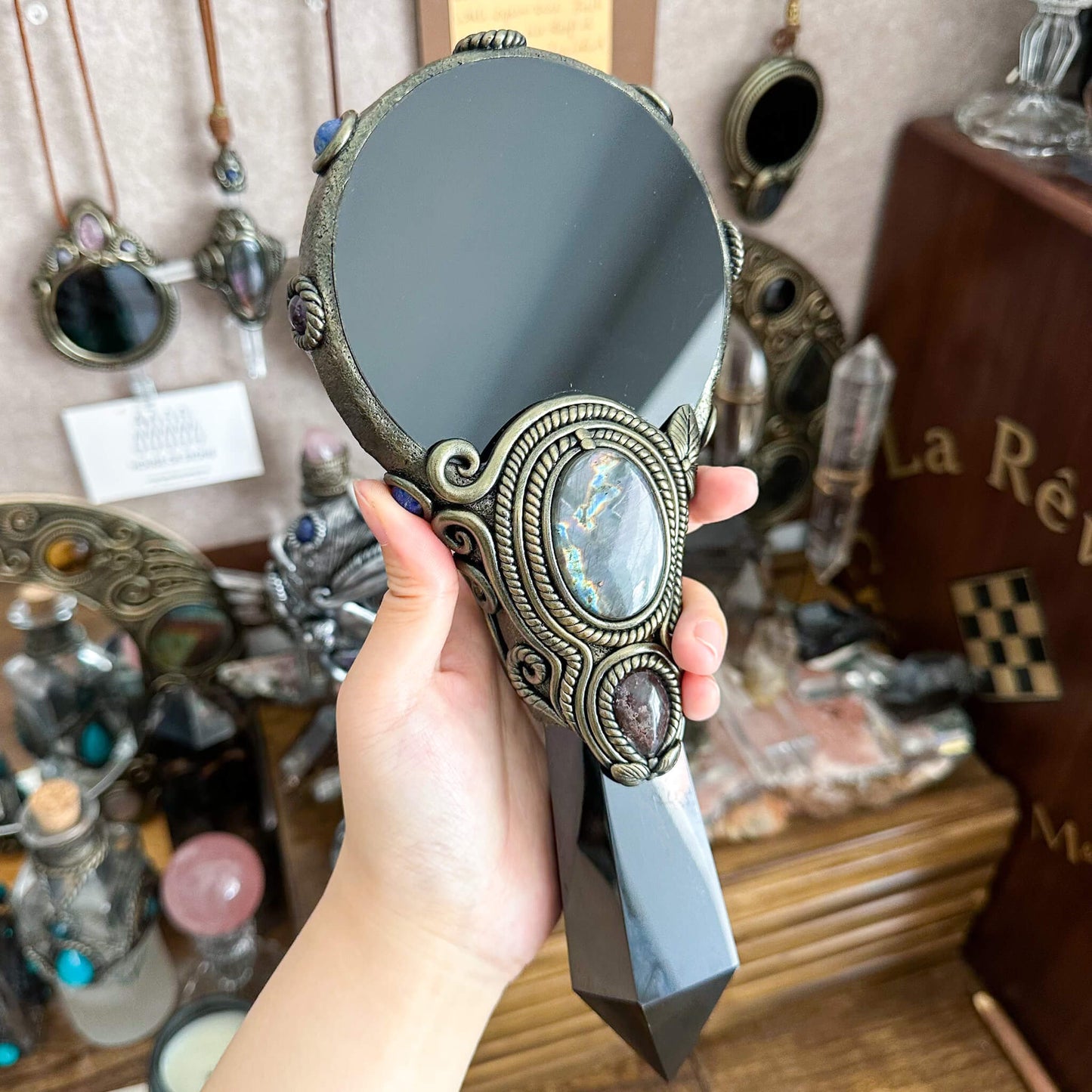 Handmade Natural Black Obsidian Mirror/Magic Obsidian Witch Wand/Crystal Quartz Wand/Scrying Mirror Wand/Root Chakra/Manifest Altar Tool