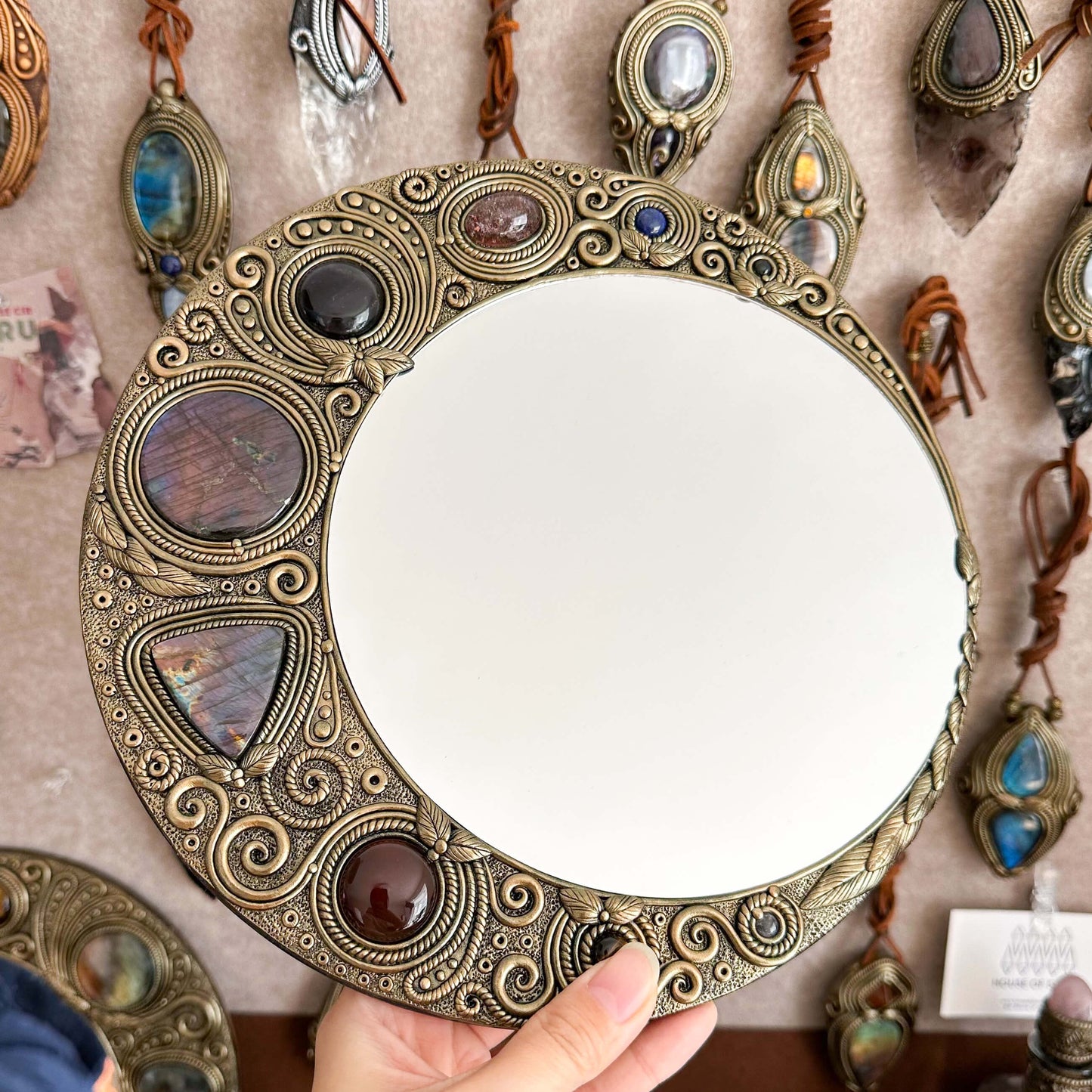 Natural Handmade Crystal Mirror/Magic Crystal Witch Mirror/Labradorite Mirror/Crystal Quartz Mirror/Chakra Healing/Manifest Altar Tool