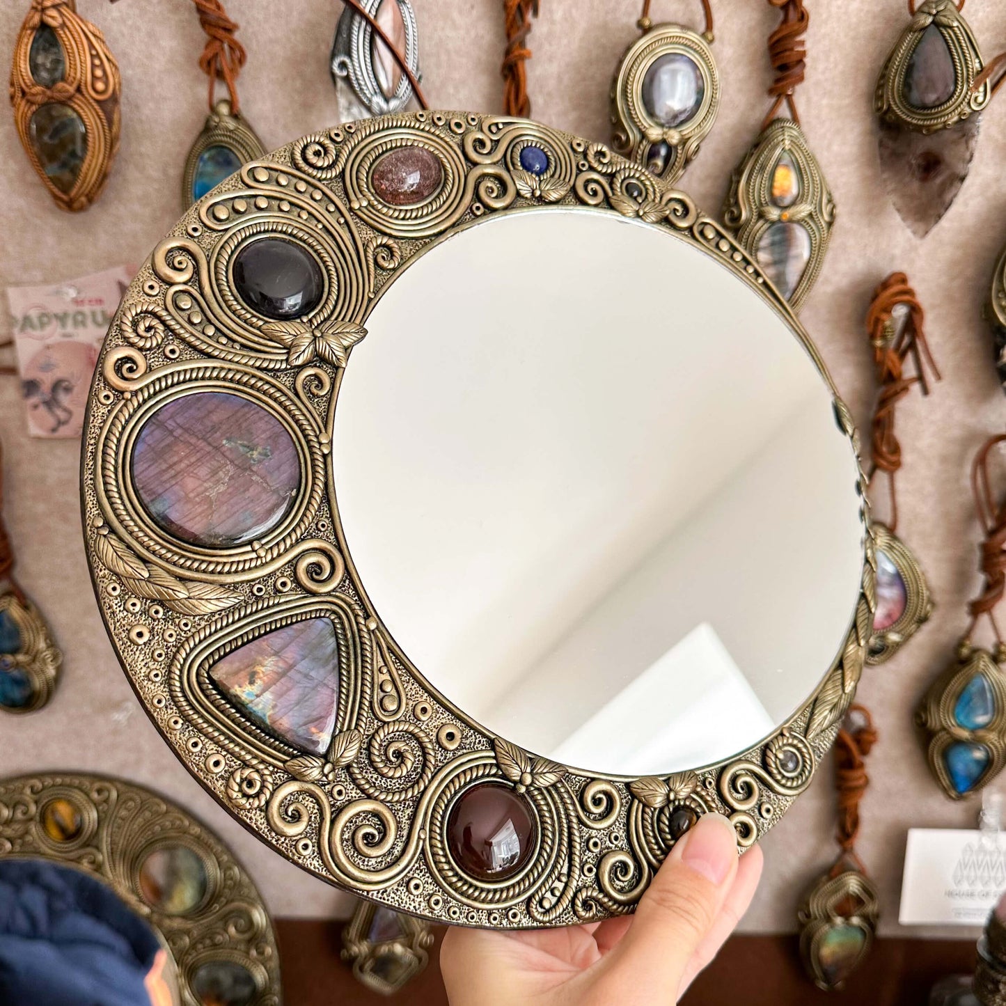 Natural Handmade Crystal Mirror/Magic Crystal Witch Mirror/Labradorite Mirror/Crystal Quartz Mirror/Chakra Healing/Manifest Altar Tool