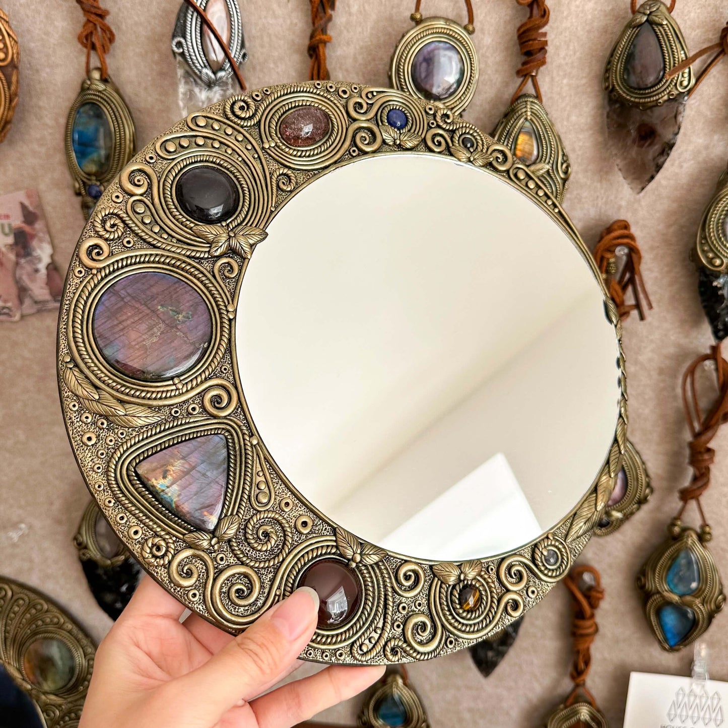 Natural Handmade Crystal Mirror/Magic Crystal Witch Mirror/Labradorite Mirror/Crystal Quartz Mirror/Chakra Healing/Manifest Altar Tool