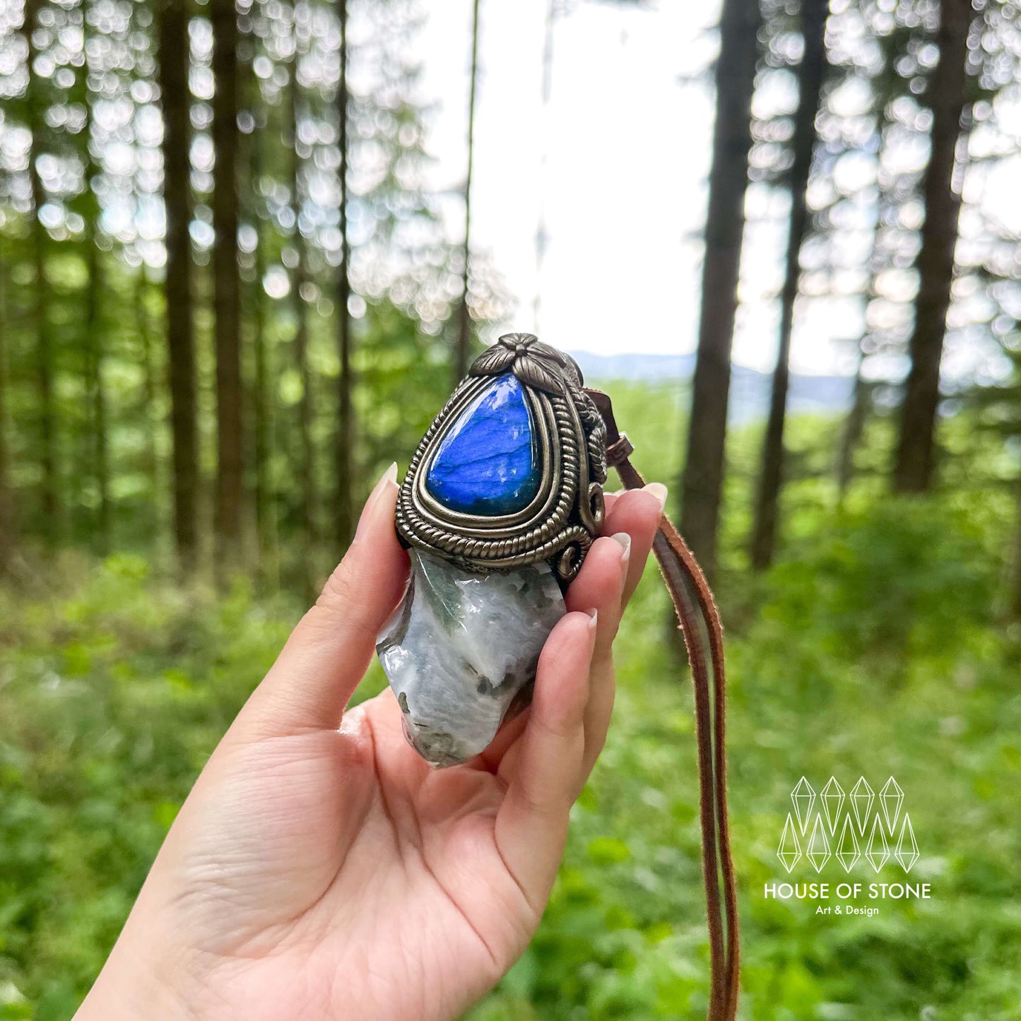 Natural Handmade Moss Agate Pendant Necklace/Magic Quartz Crystal Double-sided Pendant/Labradorite Jewelry/Chakra/Altar Tool