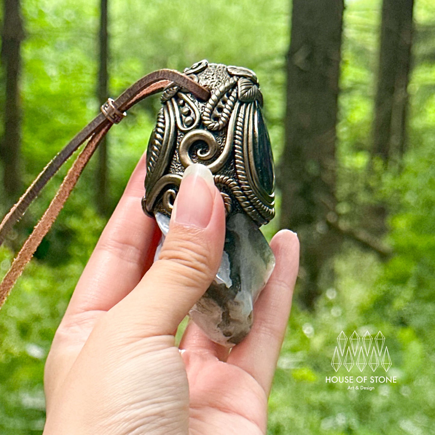 Natural Handmade Moss Agate Pendant Necklace/Magic Quartz Crystal Double-sided Pendant/Labradorite Jewelry/Chakra/Altar Tool