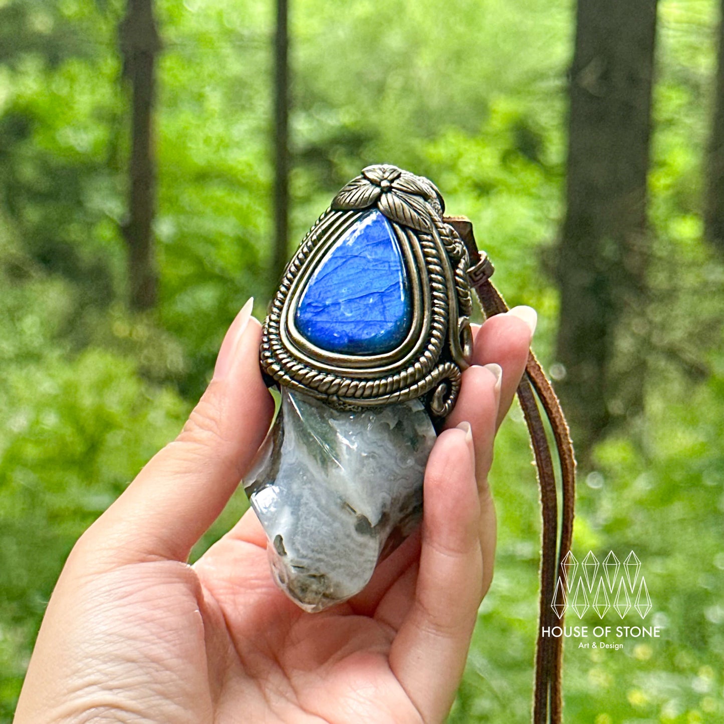 Natural Handmade Moss Agate Pendant Necklace/Magic Quartz Crystal Double-sided Pendant/Labradorite Jewelry/Chakra/Altar Tool