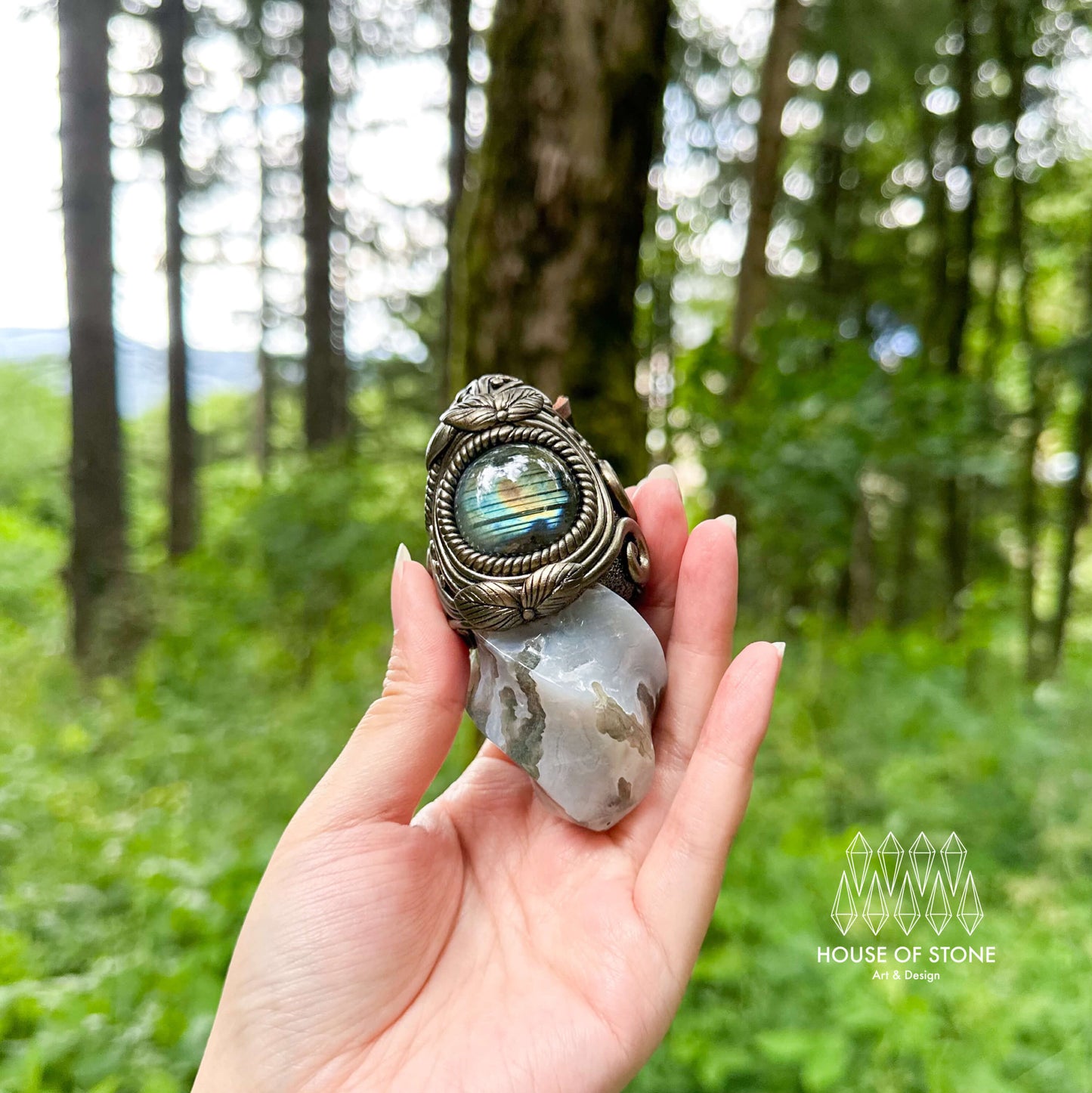 Natural Handmade Moss Agate Pendant Necklace/Magic Quartz Crystal Double-sided Pendant/Labradorite Jewelry/Chakra/Altar Tool