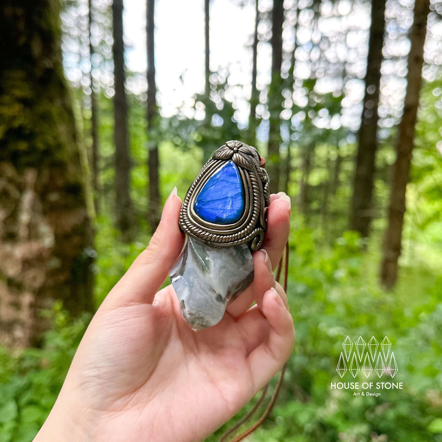 Natural Handmade Moss Agate Pendant Necklace/Magic Quartz Crystal Double-sided Pendant/Labradorite Jewelry/Chakra/Altar Tool