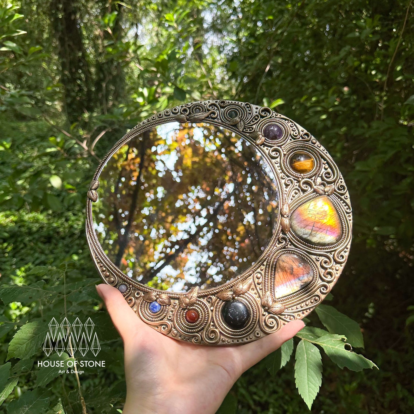 Natural Handmade Crystal Mirror/Magic Crystal Witch Mirror/Labradorite Mirror/Crystal Quartz Mirror/Chakra Healing/Manifest Altar Tool