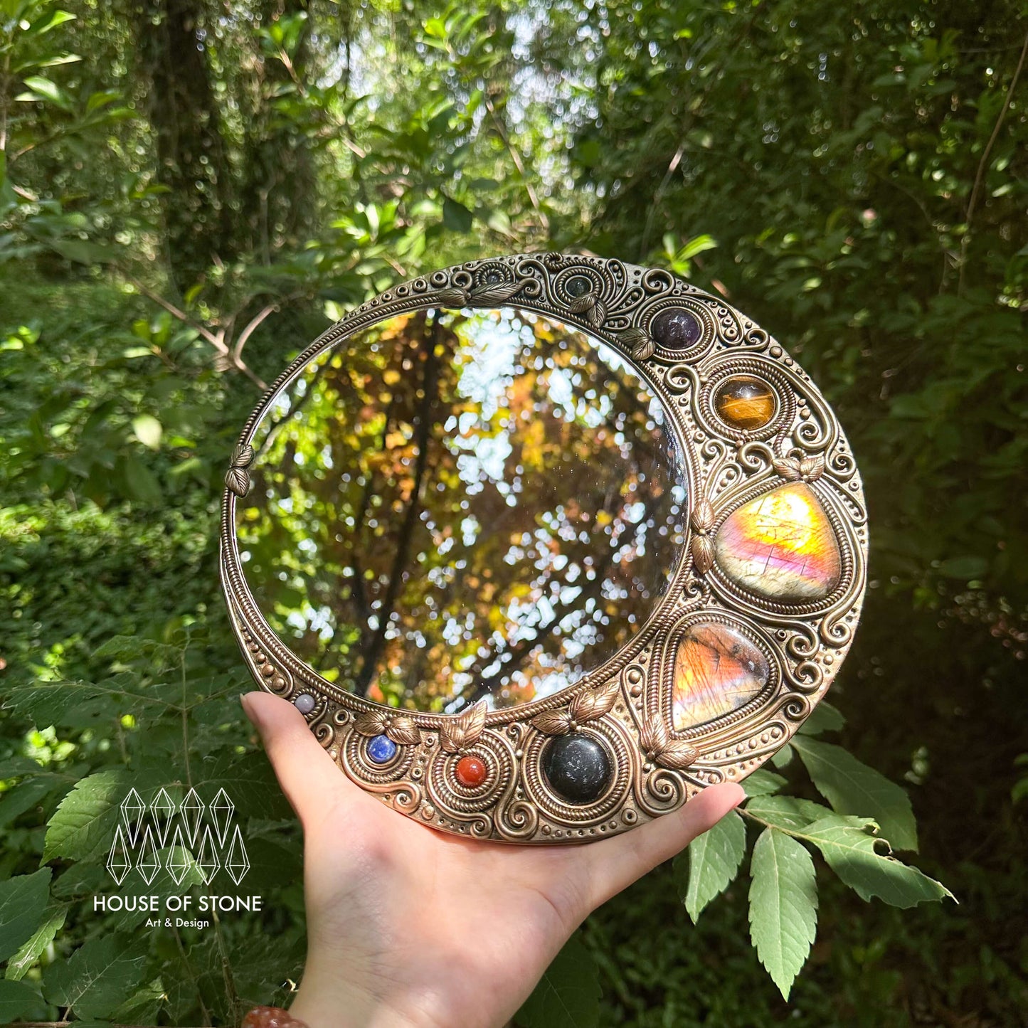 Natural Handmade Crystal Mirror/Magic Crystal Witch Mirror/Labradorite Mirror/Crystal Quartz Mirror/Chakra Healing/Manifest Altar Tool