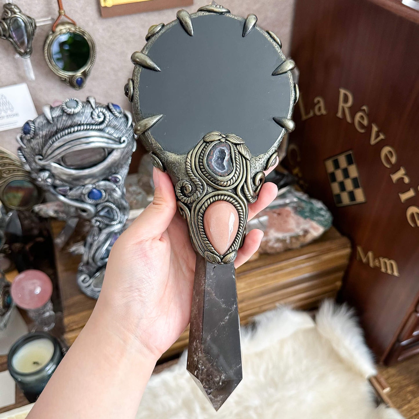Handmade Natural Black Obsidian Mirror/Magic Obsidian Witch Wand/Crystal Quartz Wand/Scrying Mirror Wand/Root Chakra/Manifest Altar Tool