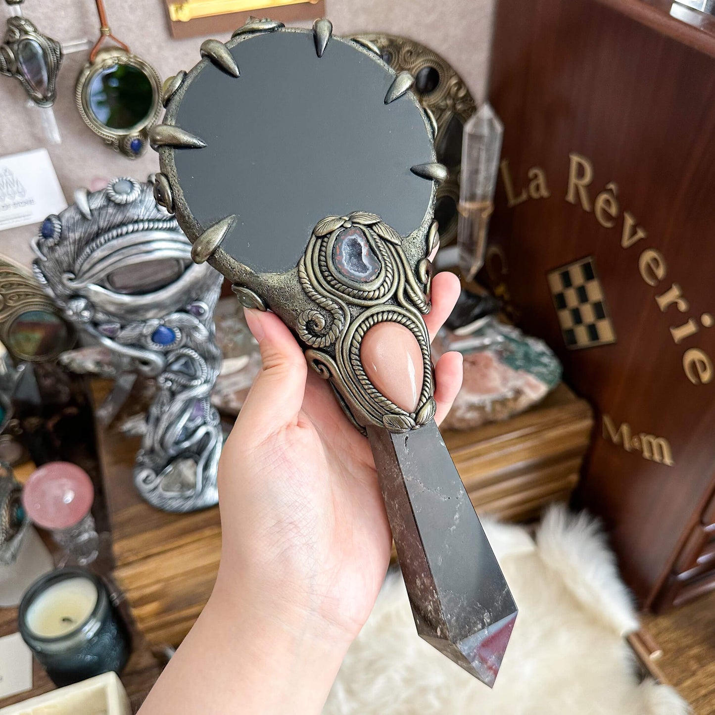 Handmade Natural Black Obsidian Mirror/Magic Obsidian Witch Wand/Crystal Quartz Wand/Scrying Mirror Wand/Root Chakra/Manifest Altar Tool