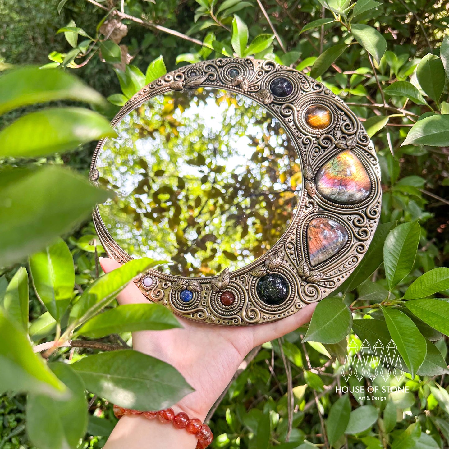 Natural Handmade Crystal Mirror/Magic Crystal Witch Mirror/Labradorite Mirror/Crystal Quartz Mirror/Chakra Healing/Manifest Altar Tool