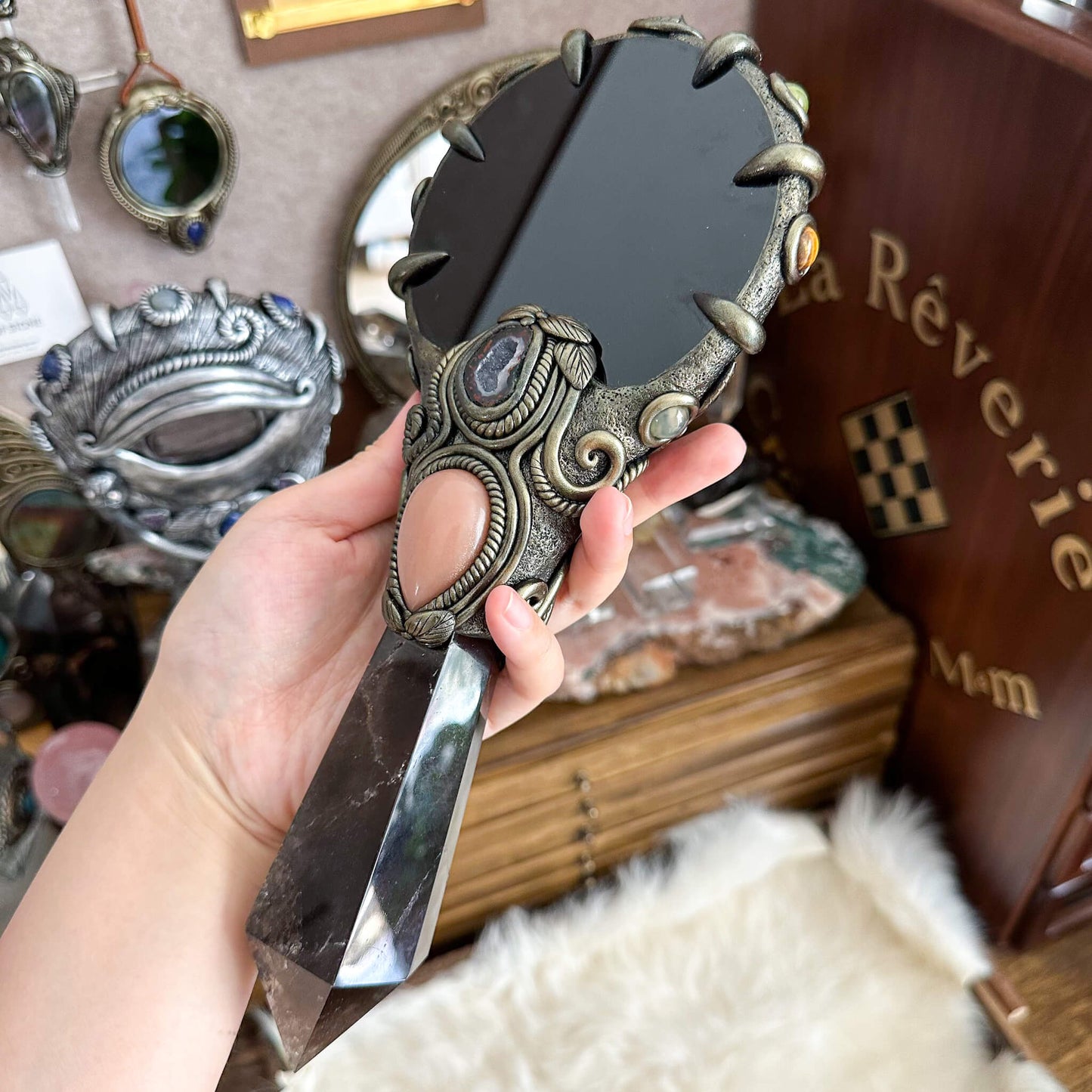 Handmade Natural Black Obsidian Mirror/Magic Obsidian Witch Wand/Crystal Quartz Wand/Scrying Mirror Wand/Root Chakra/Manifest Altar Tool