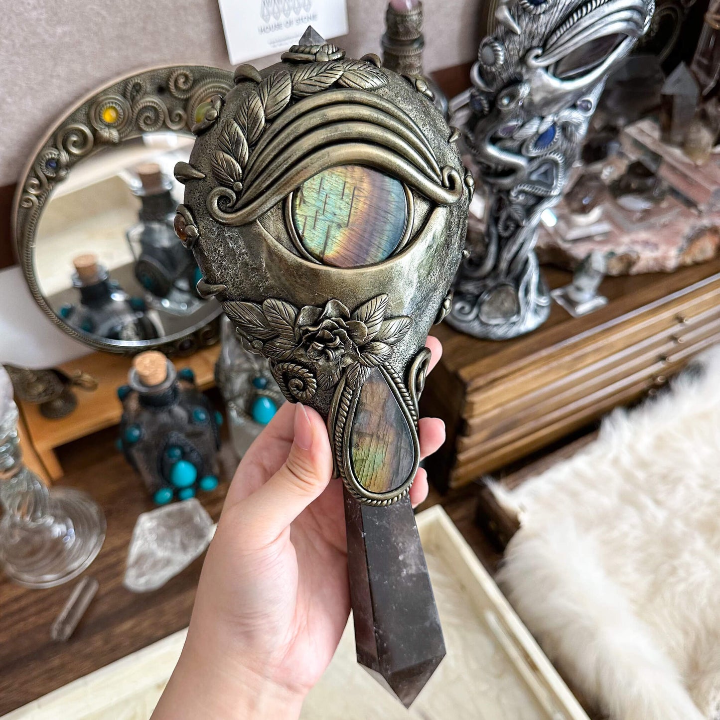 Handmade Natural Black Obsidian Mirror/Magic Obsidian Witch Wand/Crystal Quartz Wand/Scrying Mirror Wand/Root Chakra/Manifest Altar Tool