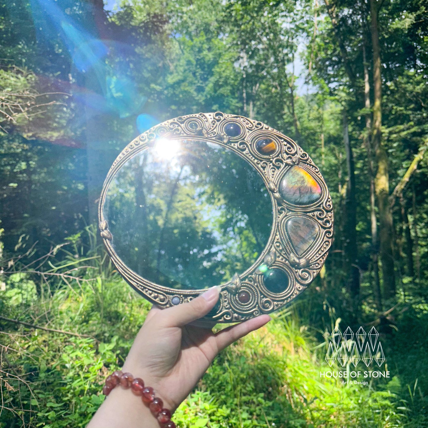 Natural Handmade Crystal Mirror/Magic Crystal Witch Mirror/Labradorite Mirror/Crystal Quartz Mirror/Chakra Healing/Manifest Altar Tool